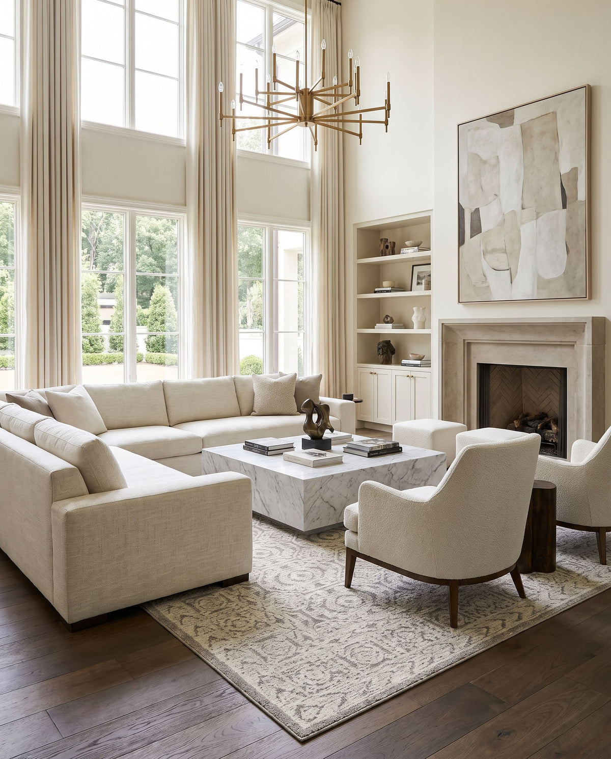 Louvre LOU-2309 Hand Tufted Rug styled in an elegant designer living room — hand tufted traditional area rug in bone tones