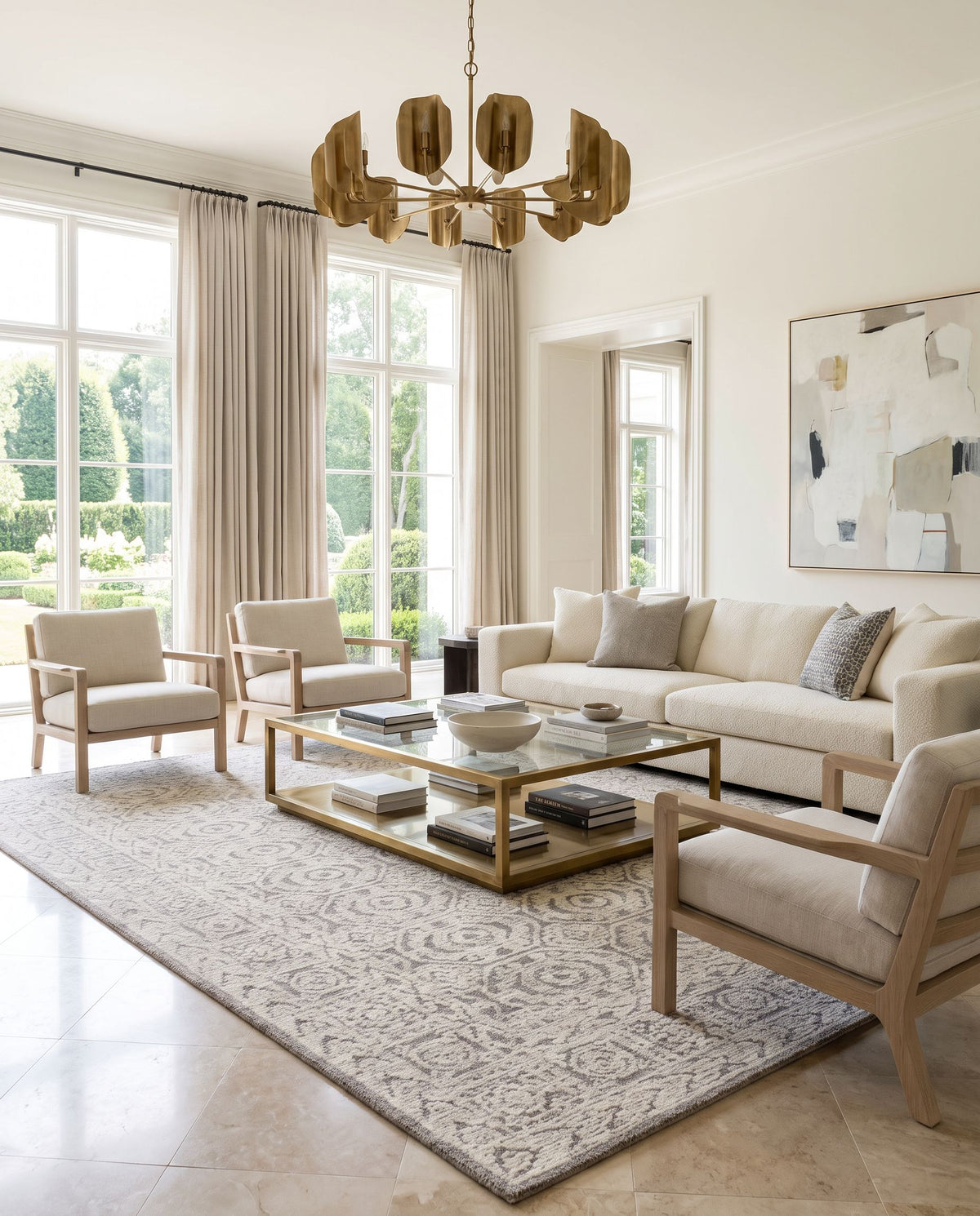 Louvre LOU-2309 Hand Tufted Rug styled in an elegant designer living room — hand tufted traditional area rug in bone tones