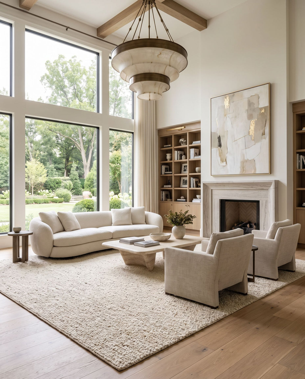 La Palma LPL-2300 Hand Knotted Rug as the centerpiece of a bright luxury living room — a hand knotted modern area rug in light gray, dusty sage, light brown and mustard tones