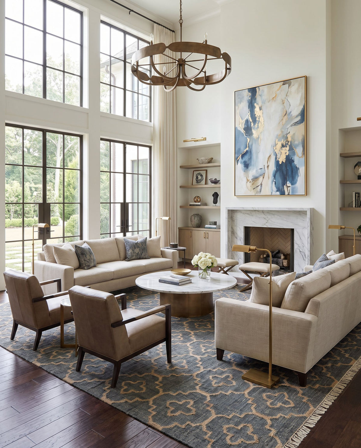 Laural LRL-6010 Hand Woven Rug styled in an elegant designer living room — hand woven modern area rug in medium gray, tan and cream tones