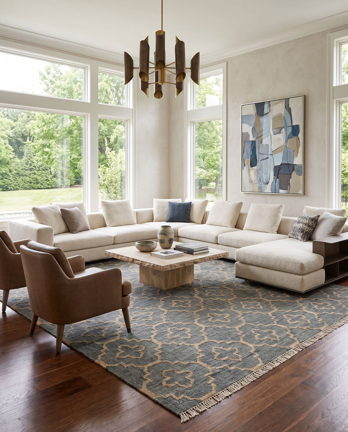 Laural LRL-6010 Hand Woven Rug styled in an elegant designer living room — hand woven modern area rug in medium gray, tan and cream tones