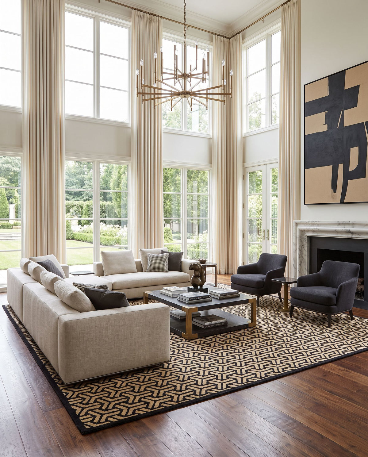 Ludlow LUD-2002 Hand Knotted Rug as the centerpiece of a bright luxury living room — a hand knotted cottage area rug in black and mustard tones