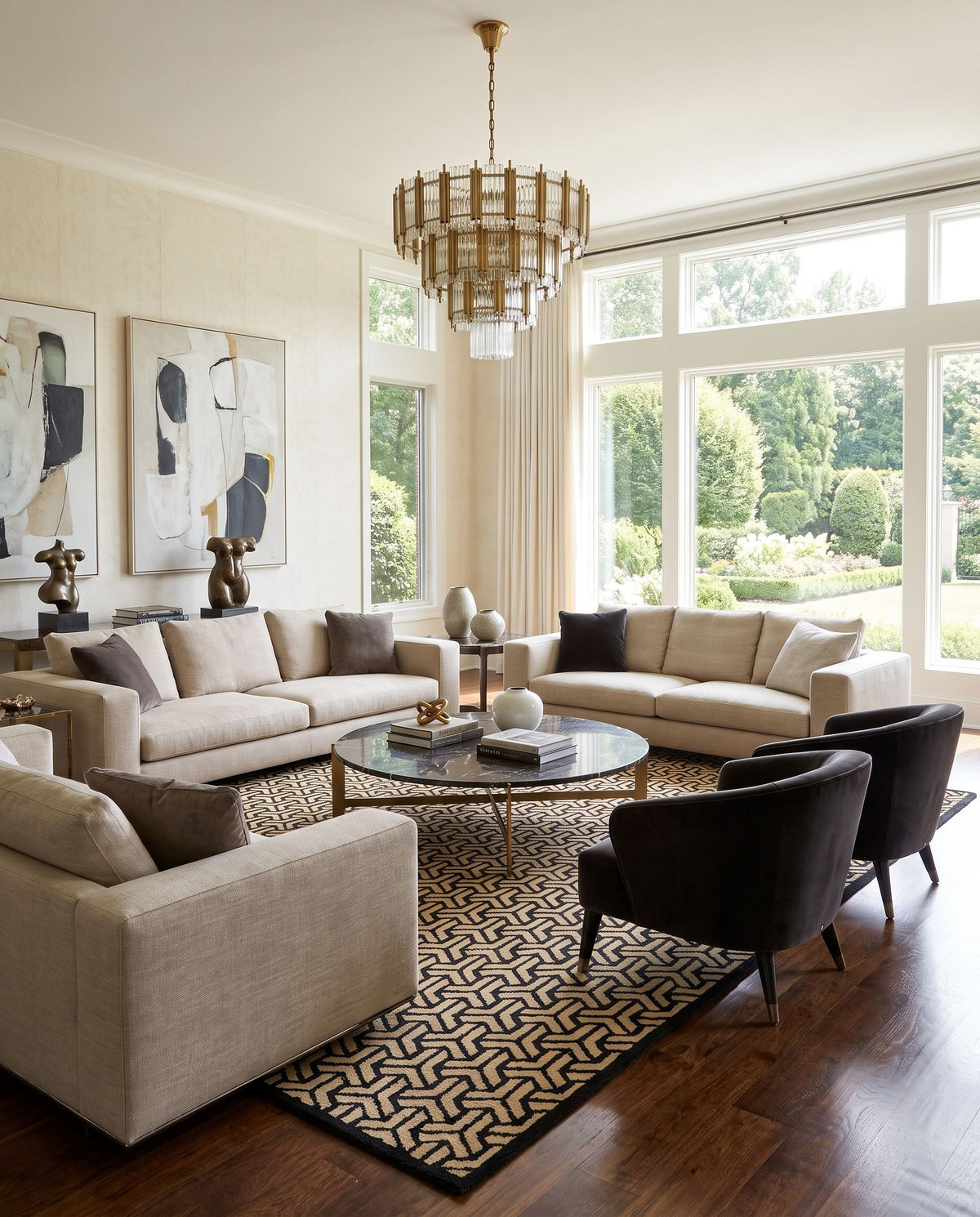 Ludlow LUD-2002 Hand Knotted Rug styled in an elegant designer living room — hand knotted cottage area rug in black and mustard tones
