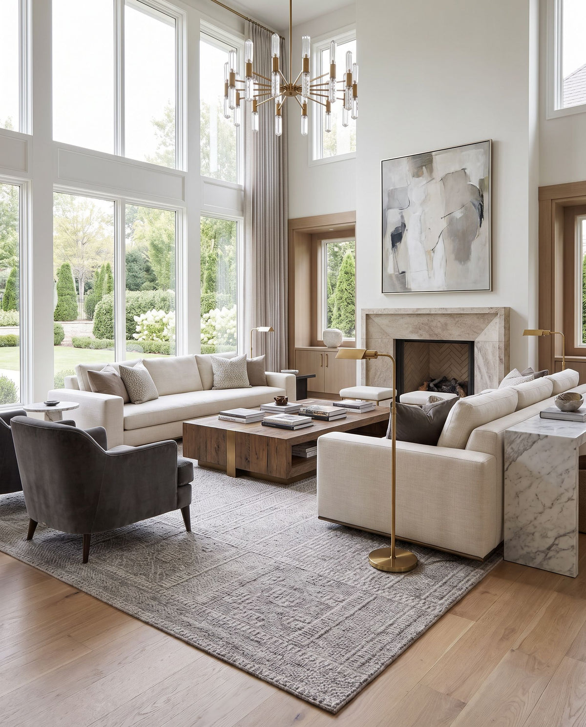 Livorno LVN-2302 Hand Knotted Rug as the centerpiece of a bright luxury living room — a hand knotted traditional area rug in gray and tan tones