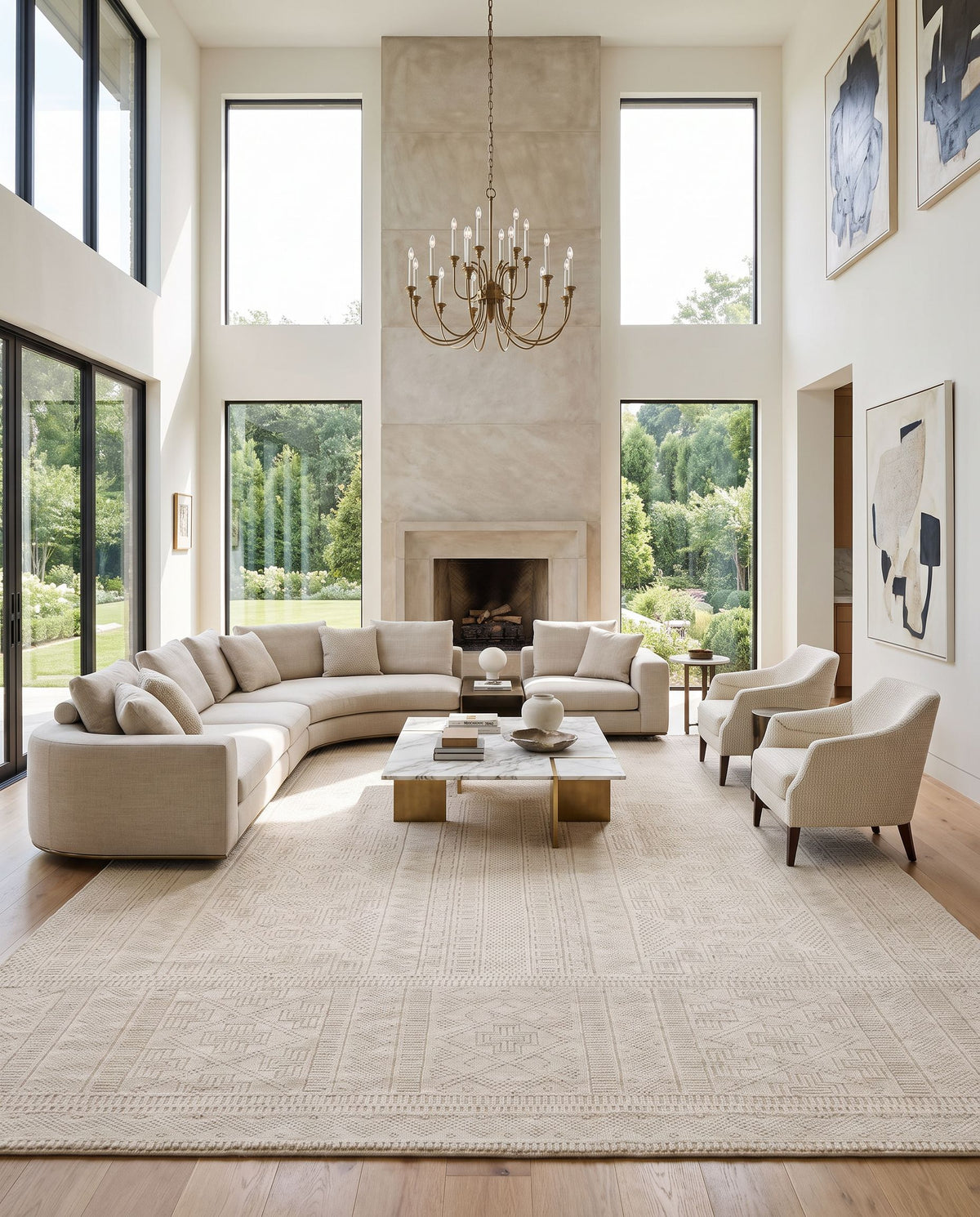 Livorno LVN-2303 Hand Knotted Rug as the centerpiece of a bright luxury living room — a hand knotted traditional area rug in beige and tan tones