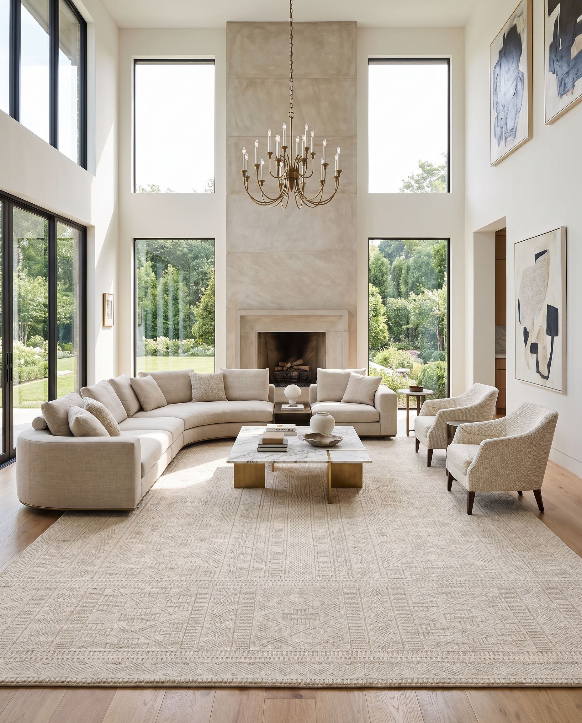Livorno LVN-2303 Hand Knotted Rug as the centerpiece of a bright luxury living room — a hand knotted traditional area rug in beige and tan tones