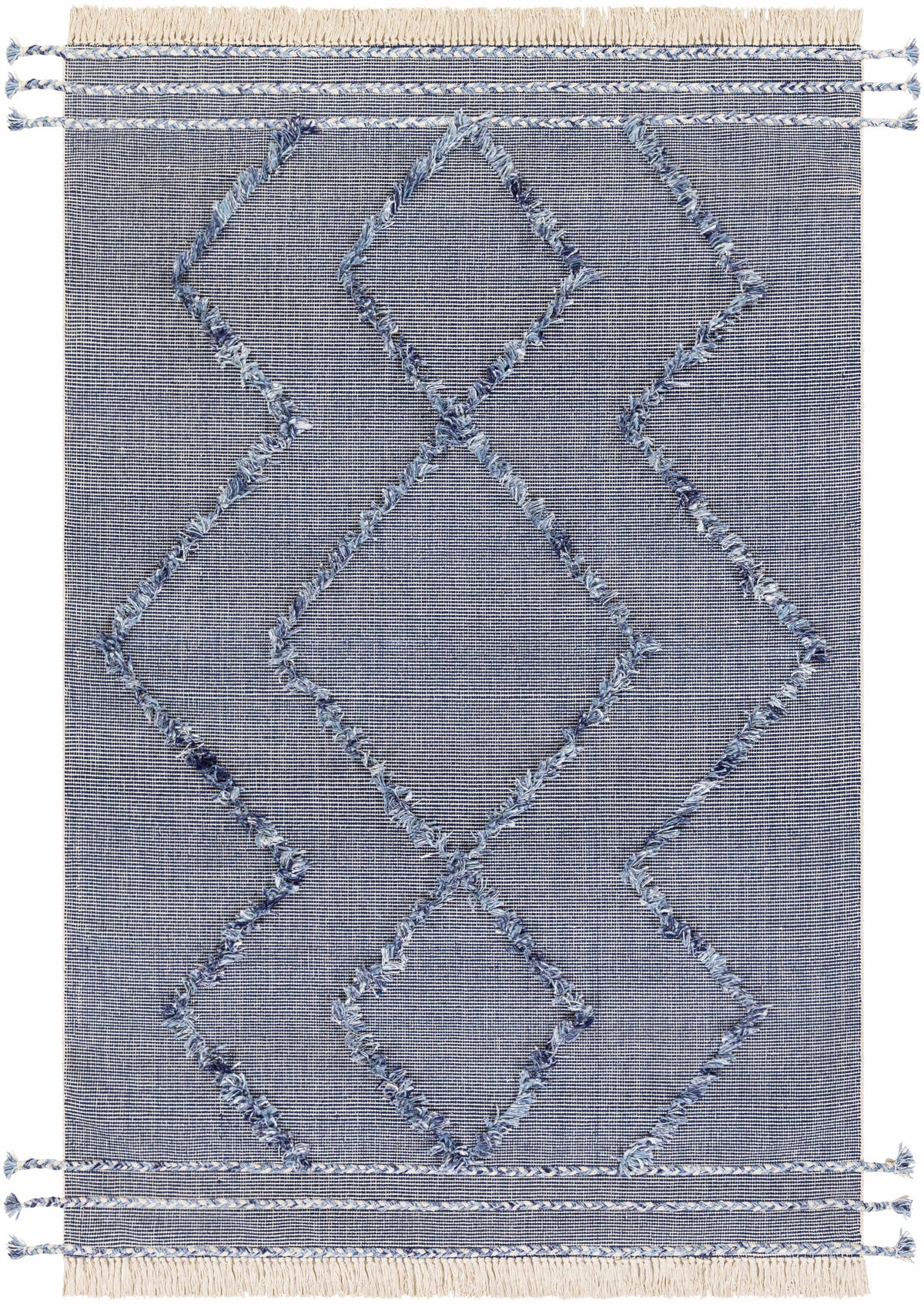 Dark Blue Hand Woven 60% Cotton, 40% Polyester Cottage Rectangle Handmade rug, Indoor use only, has fringe, non-washable.