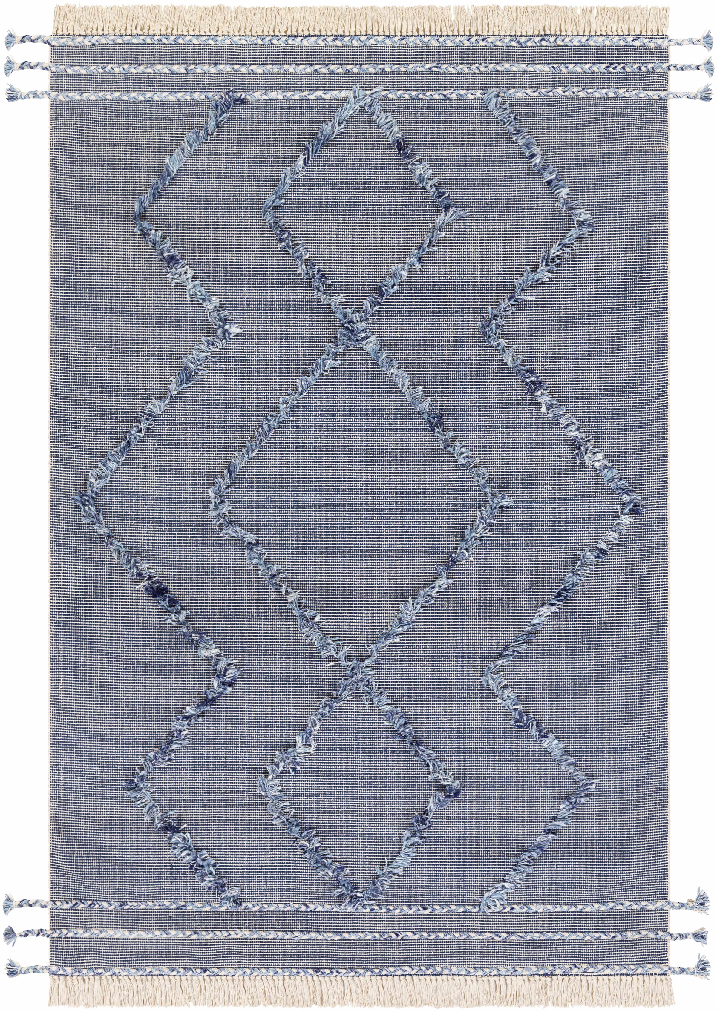 Dark Blue Hand Woven 60% Cotton, 40% Polyester Cottage Rectangle Handmade rug, Indoor use only, has fringe, non-washable.