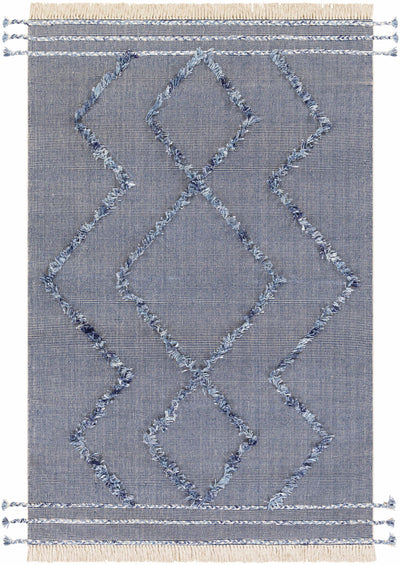 Dark Blue Hand Woven 60% Cotton, 40% Polyester Cottage Rectangle Handmade rug, Indoor use only, has fringe, non-washable.
