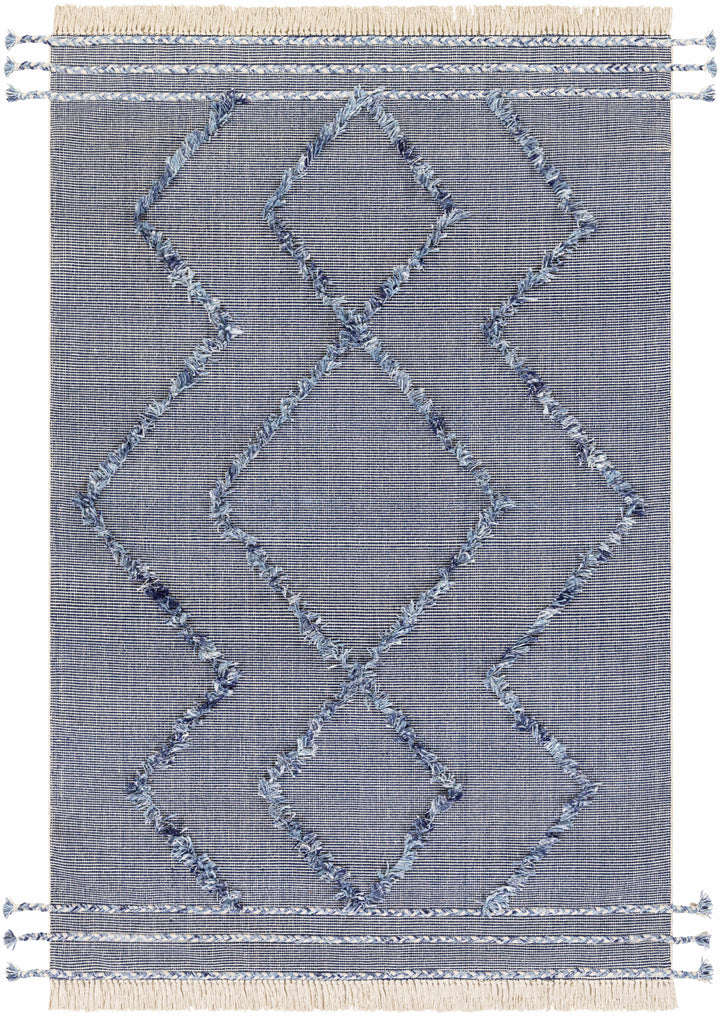 Dark Blue Hand Woven 60% Cotton, 40% Polyester Cottage Rectangle Handmade rug, Indoor use only, has fringe, non-washable.
