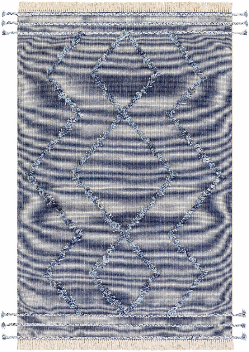 Dark Blue Hand Woven 60% Cotton, 40% Polyester Cottage Rectangle Handmade rug, Indoor use only, has fringe, non-washable.