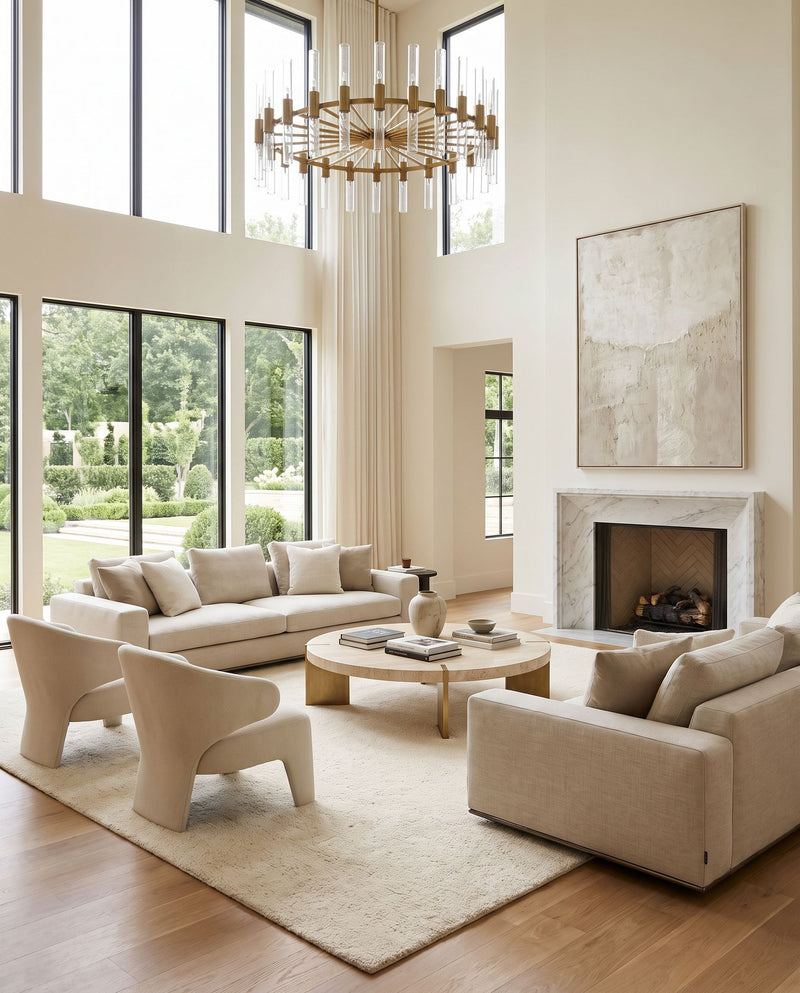 Lavish LVS-2300 Hand Knotted Rug as the centerpiece of a bright luxury living room — a hand knotted modern area rug in cream tones