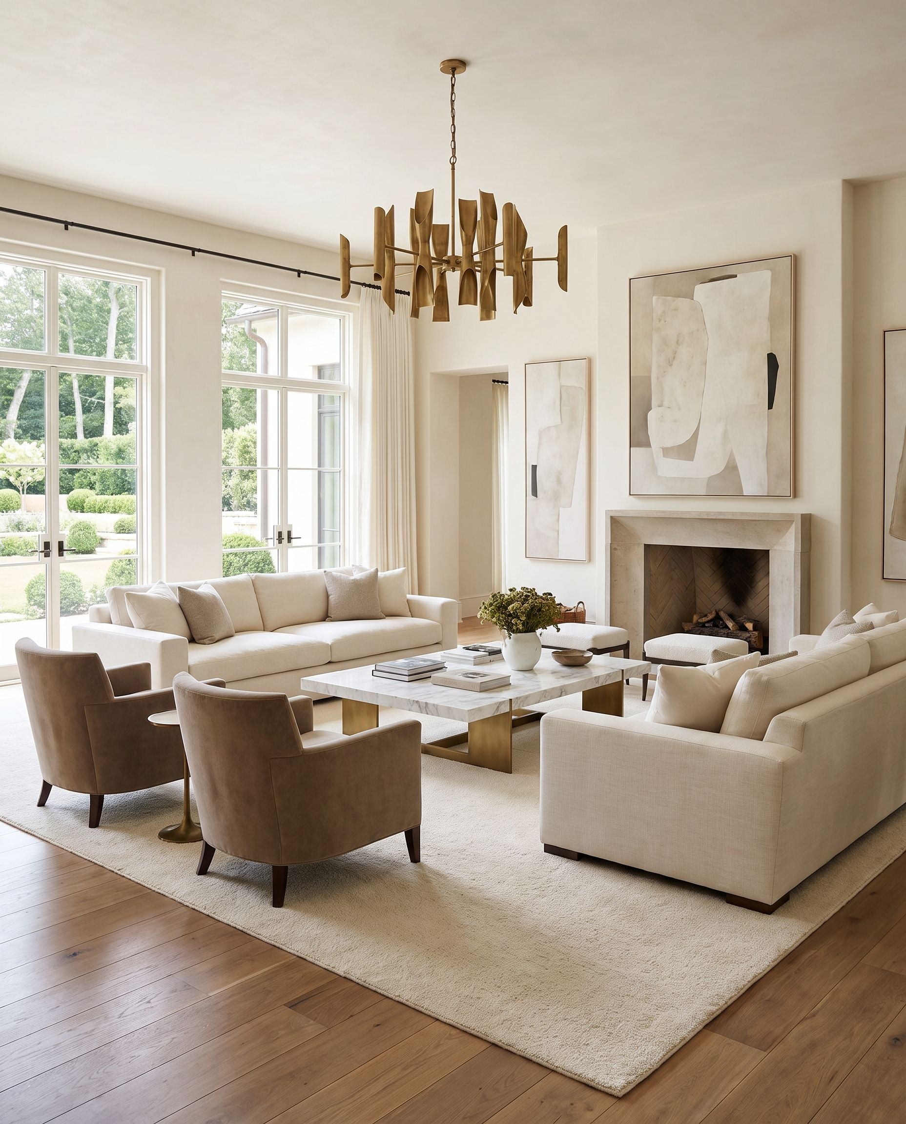 Lavish LVS-2300 Hand Knotted Rug styled in an elegant designer living room — hand knotted modern area rug in cream tones