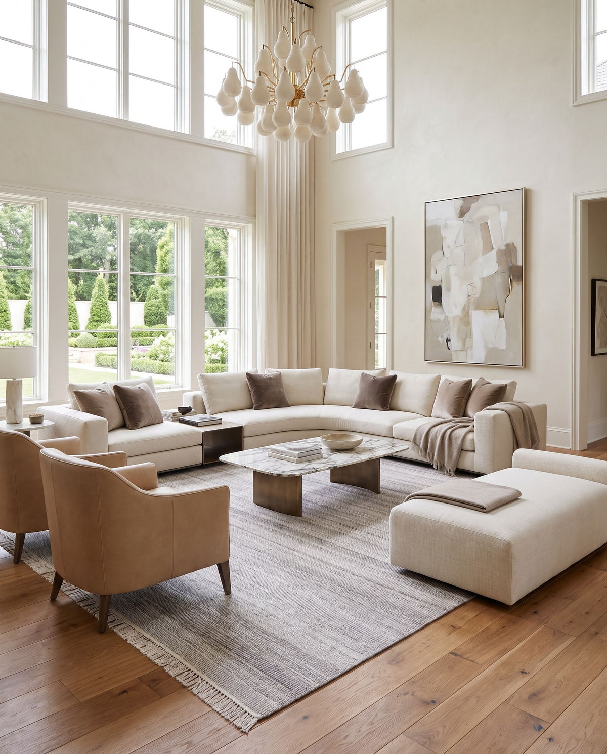 Lily LYI-2301 Hand Woven Rug as the centerpiece of a bright luxury living room — a hand woven modern area rug in cream, dark brown, light slate and off-white tones