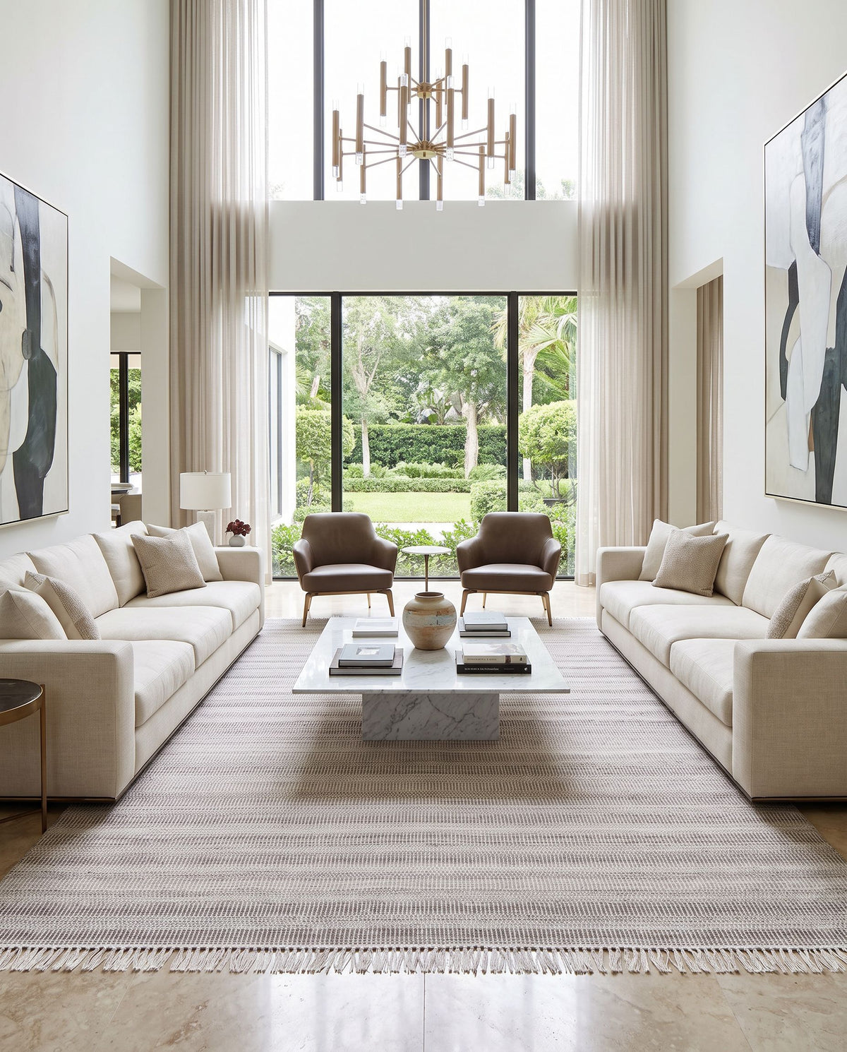 Lily LYI-2301 Hand Woven Rug styled in an elegant designer living room — hand woven modern area rug in cream, dark brown, light slate and off-white tones