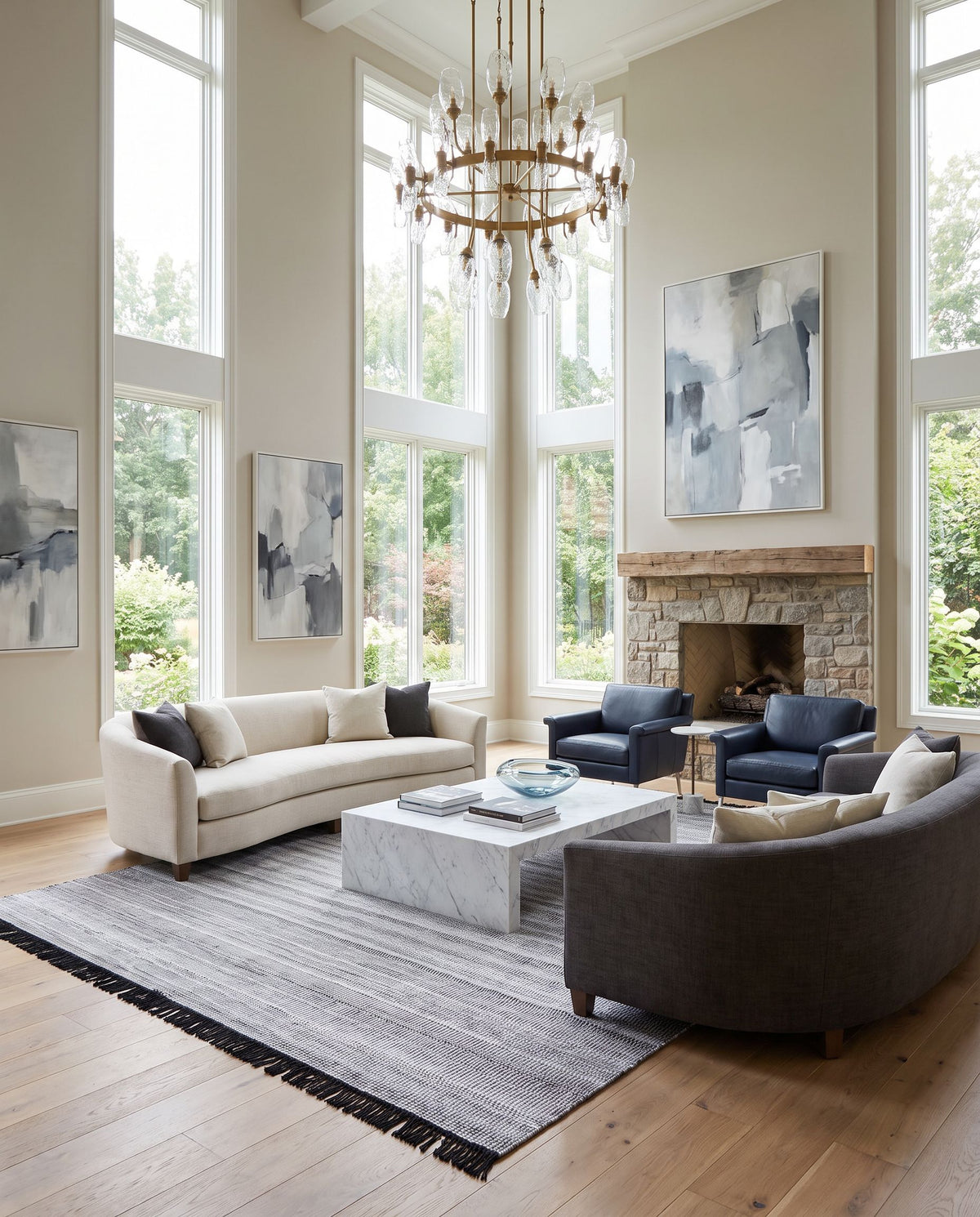 Lily LYI-2303 Hand Woven Rug as the centerpiece of a bright luxury living room — a hand woven modern area rug in black, charcoal, gray and light beige tones