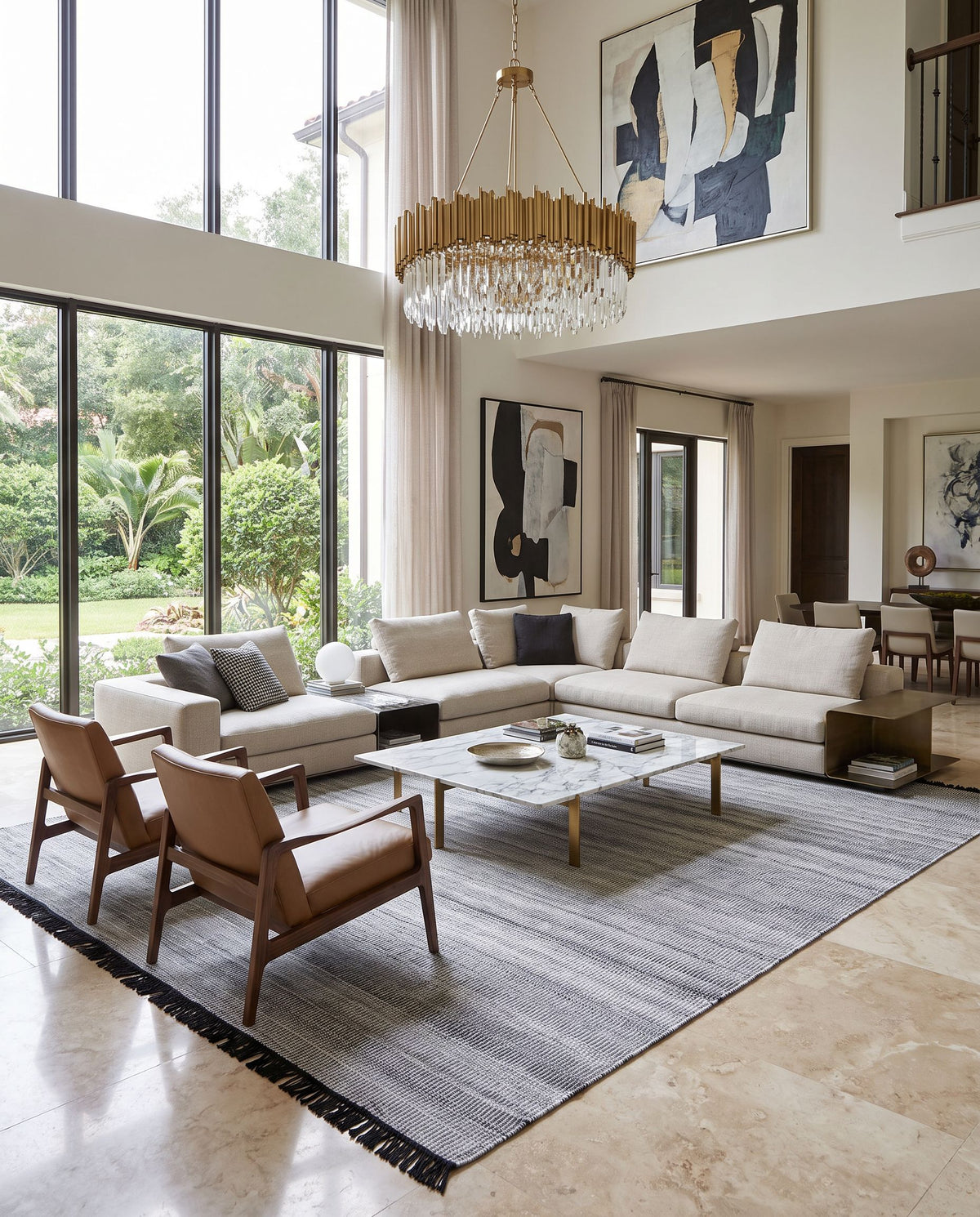 Lily LYI-2303 Hand Woven Rug styled in an elegant designer living room — hand woven modern area rug in black, charcoal, gray and light beige tones