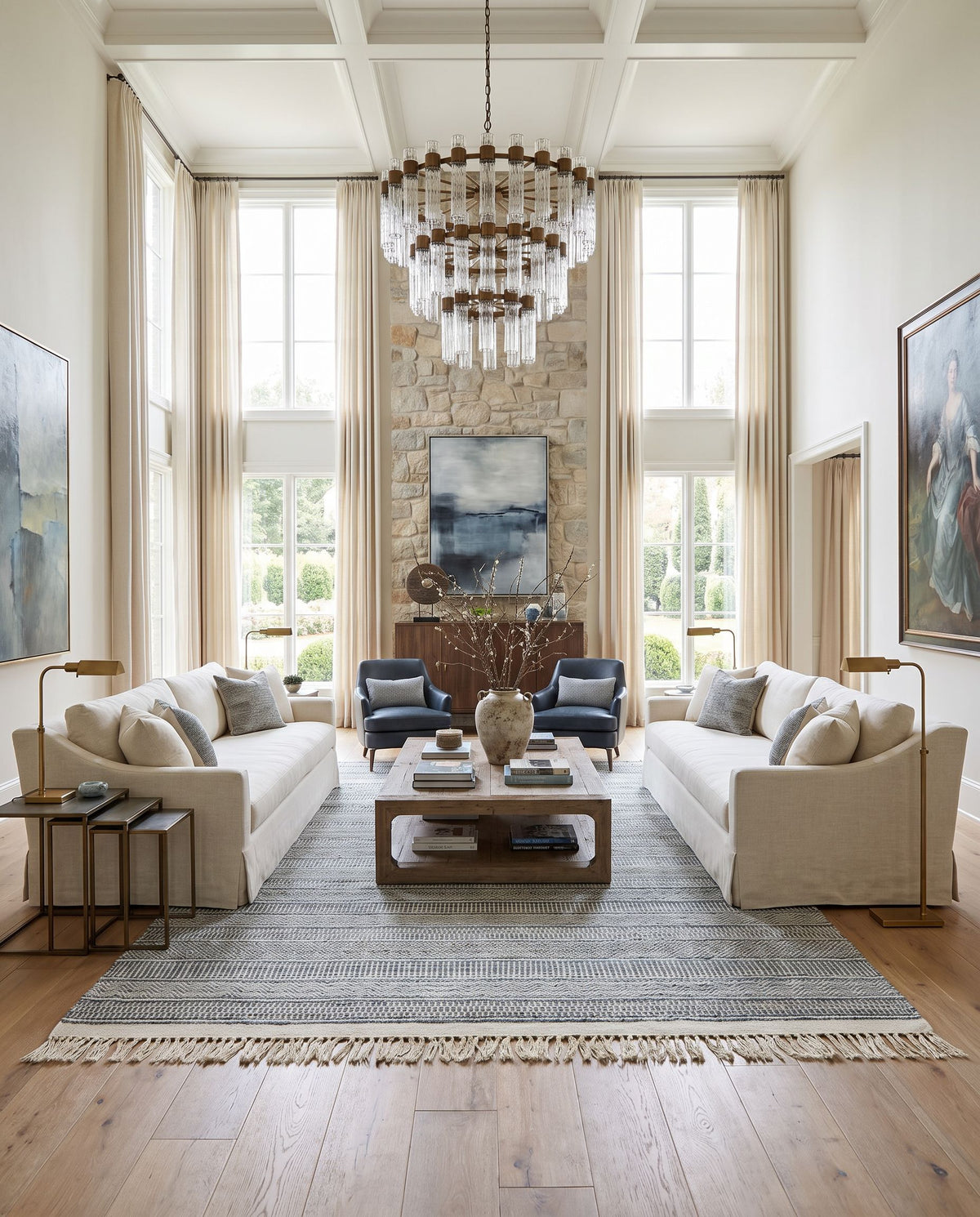 Lily LYI-2306 Hand Woven Rug as the centerpiece of a bright luxury living room — a hand woven modern area rug in beige, charcoal, bright blue and medium brown tones