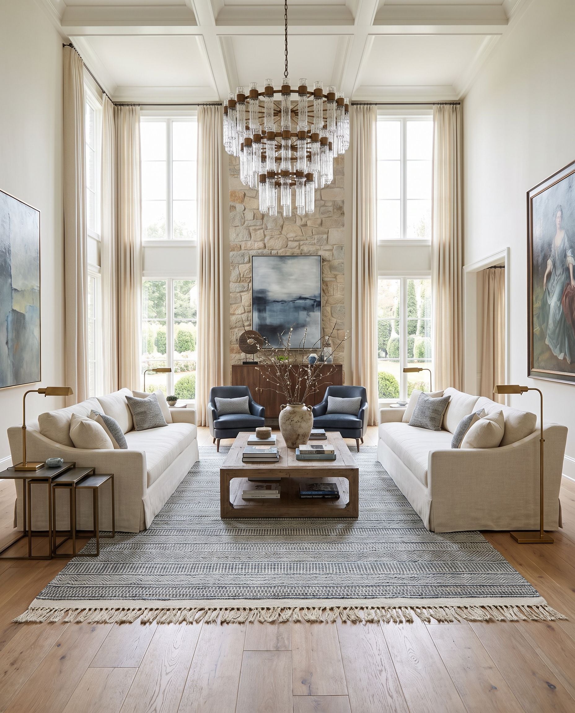 Lily LYI-2306 Hand Woven Rug as the centerpiece of a bright luxury living room — a hand woven modern area rug in beige, charcoal, bright blue and medium brown tones