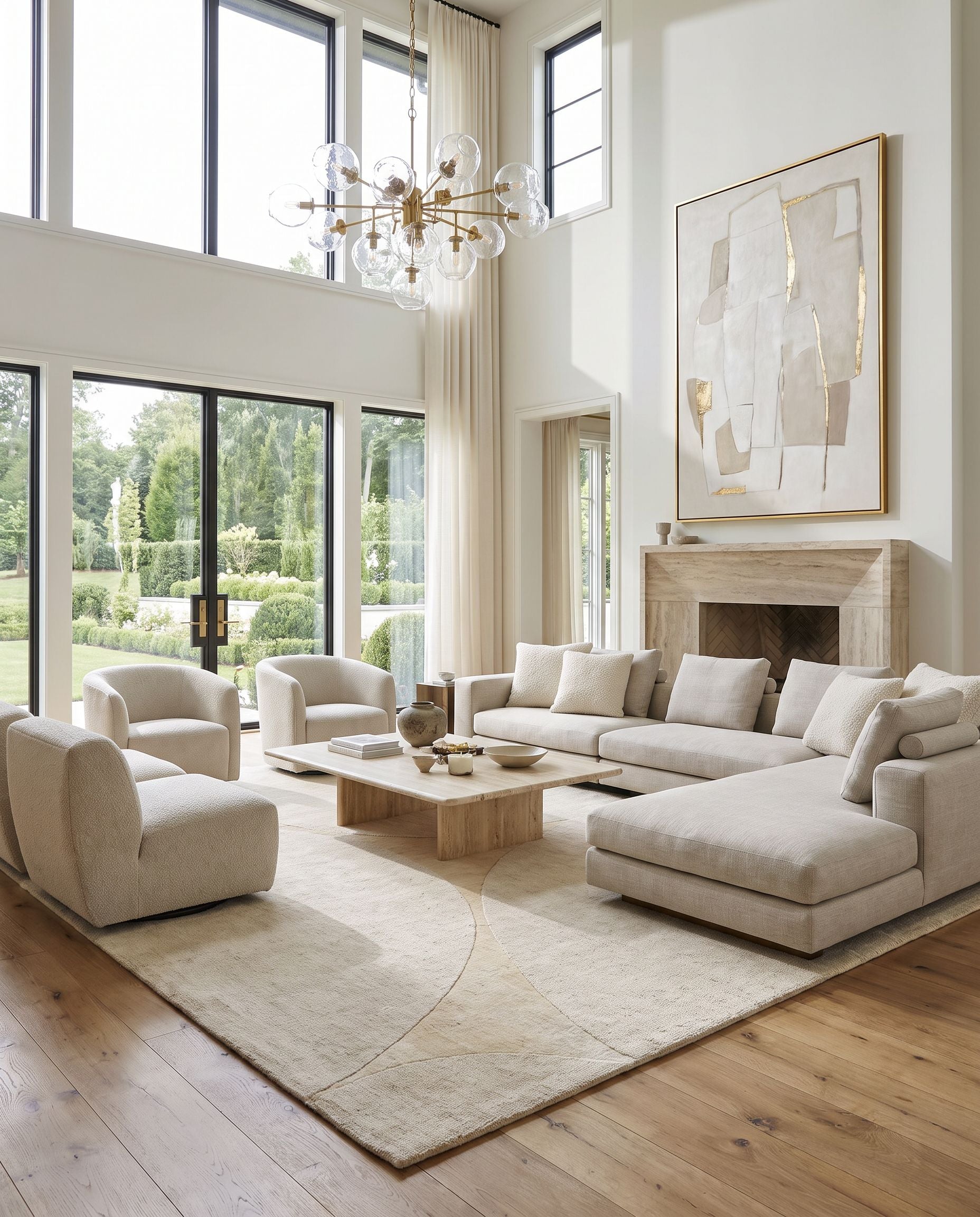 Mystique M-5475 Hand Loomed Rug as the centerpiece of a bright luxury living room — a hand loomed modern area rug in beige, sandstone and taupe tones