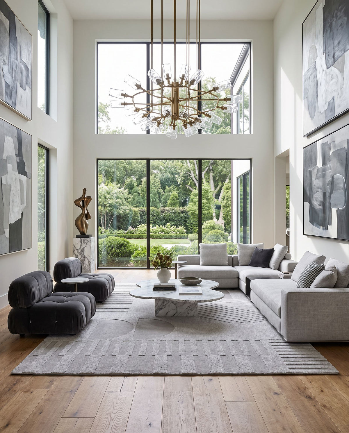 Mystique M-5480 Hand Loomed Rug as the centerpiece of a bright luxury living room — a hand loomed modern area rug in taupe, stone grey and charcoal tones