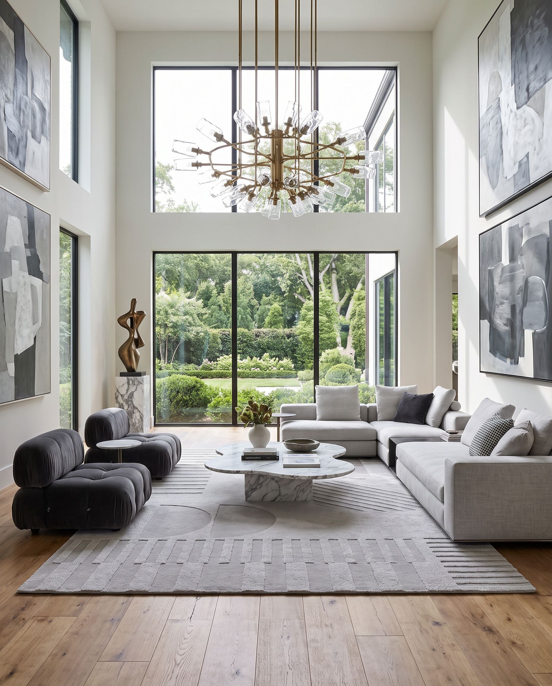 Mystique M-5480 Hand Loomed Rug as the centerpiece of a bright luxury living room — a hand loomed modern area rug in taupe, stone grey and charcoal tones