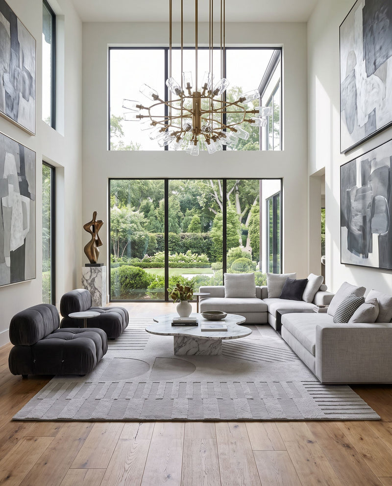 Mystique M-5480 Hand Loomed Rug as the centerpiece of a bright luxury living room — a hand loomed modern area rug in taupe, stone grey and charcoal tones