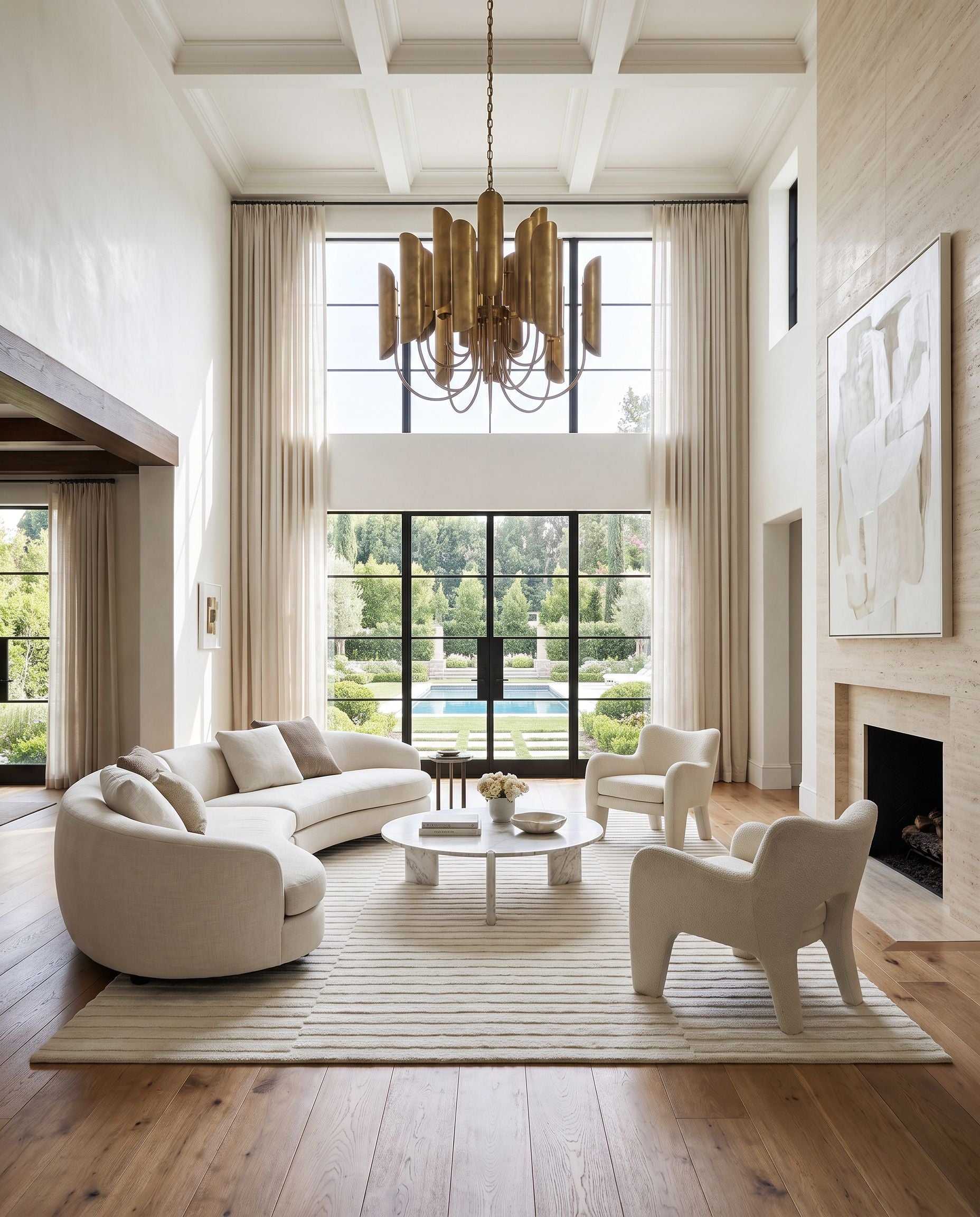 Mystique M-5482 Hand Loomed Rug as the centerpiece of a bright luxury living room — a hand loomed modern area rug in ivory, cream and pearl tones
