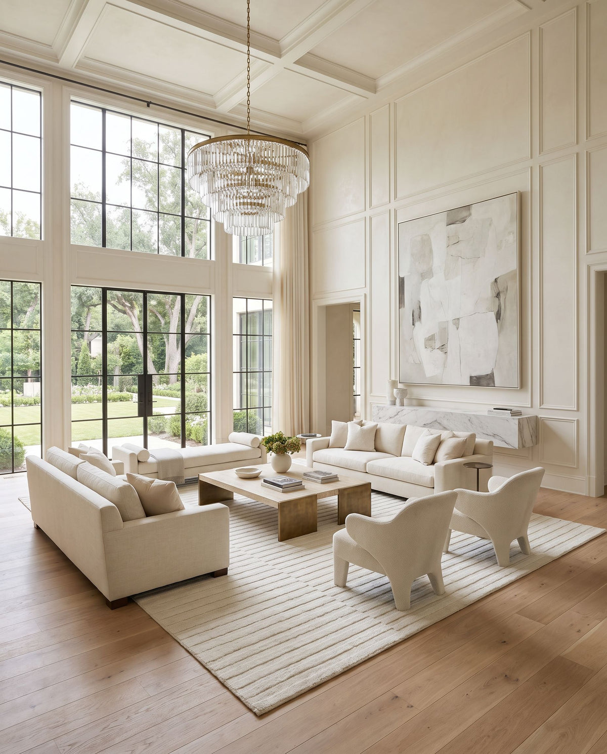 Mystique M-5482 Hand Loomed Rug styled in an elegant designer living room — hand loomed modern area rug in ivory, cream and pearl tones