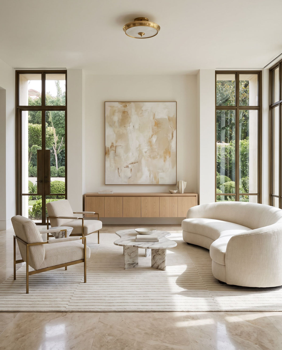 Mystique M-5482 Hand Loomed Rug styled in an elegant designer living room — hand loomed modern area rug in ivory, cream and pearl tones