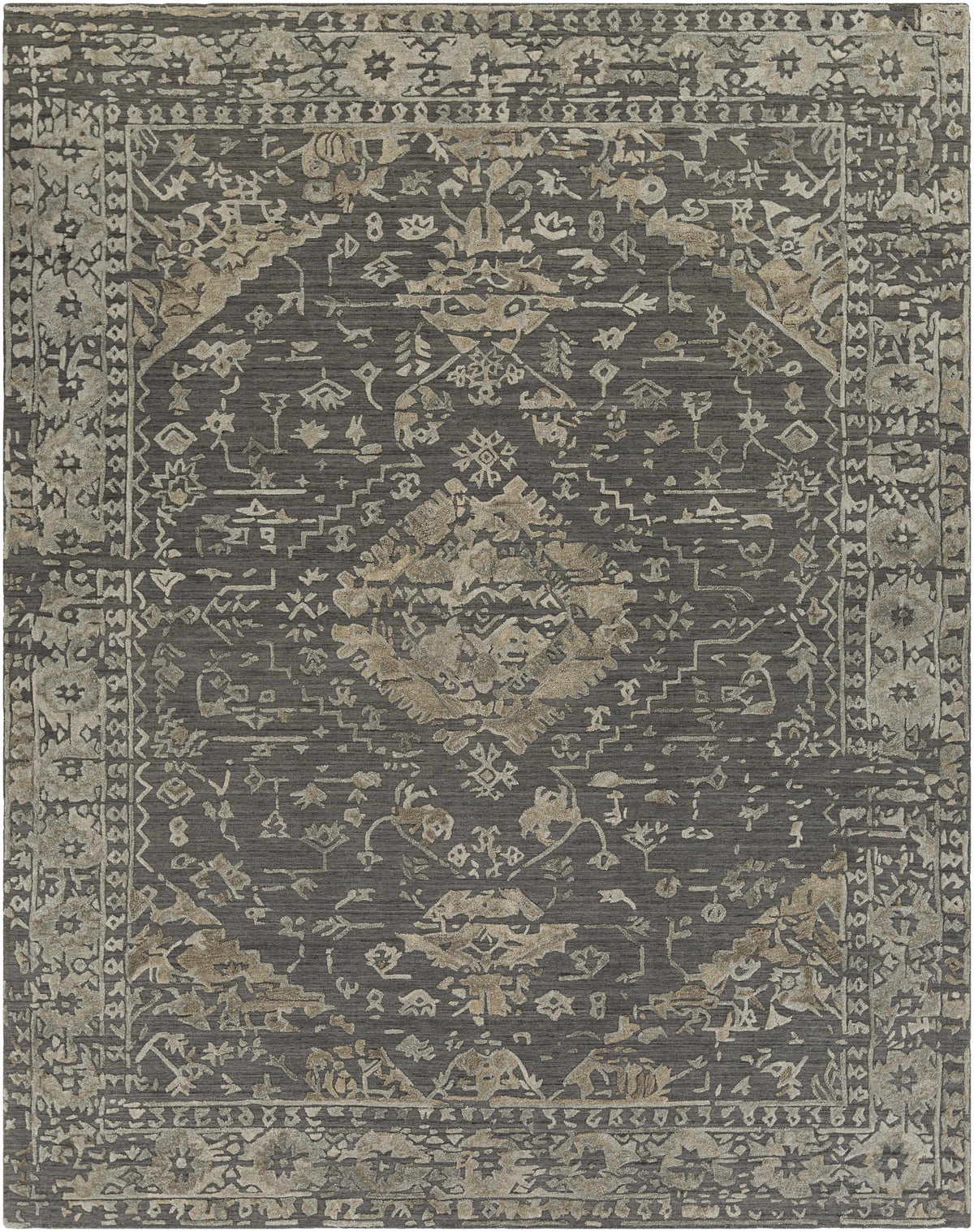 Charcoal Hand Loomed 70% Viscose, 30% Wool Traditional Rectangle Handmade rug, Indoor use only, no fringe, non-washable.