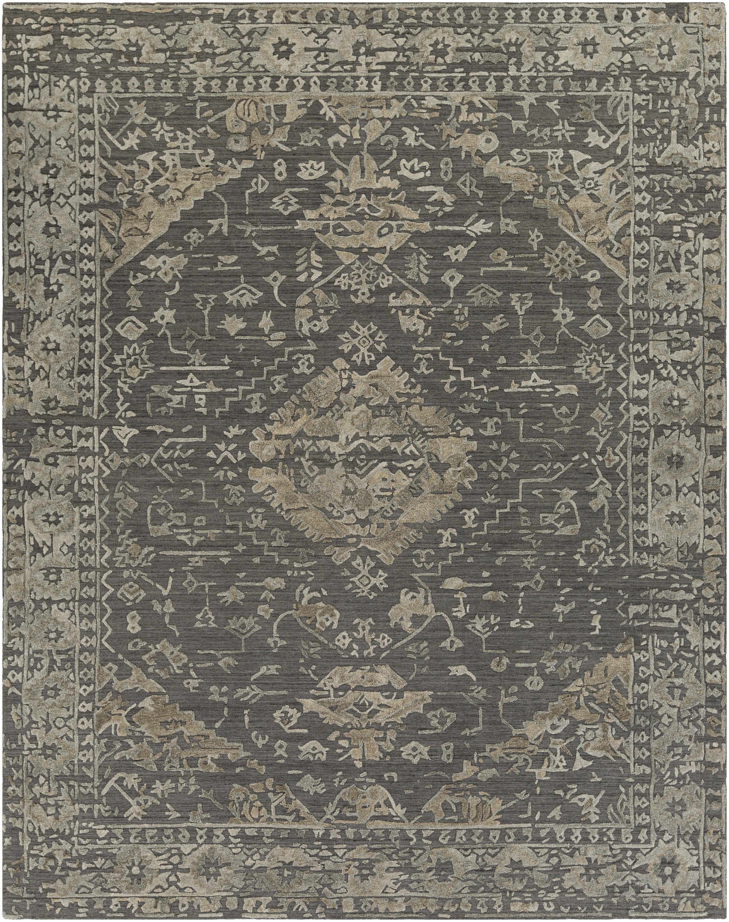 Charcoal Hand Loomed 70% Viscose, 30% Wool Traditional Rectangle Handmade rug, Indoor use only, no fringe, non-washable.