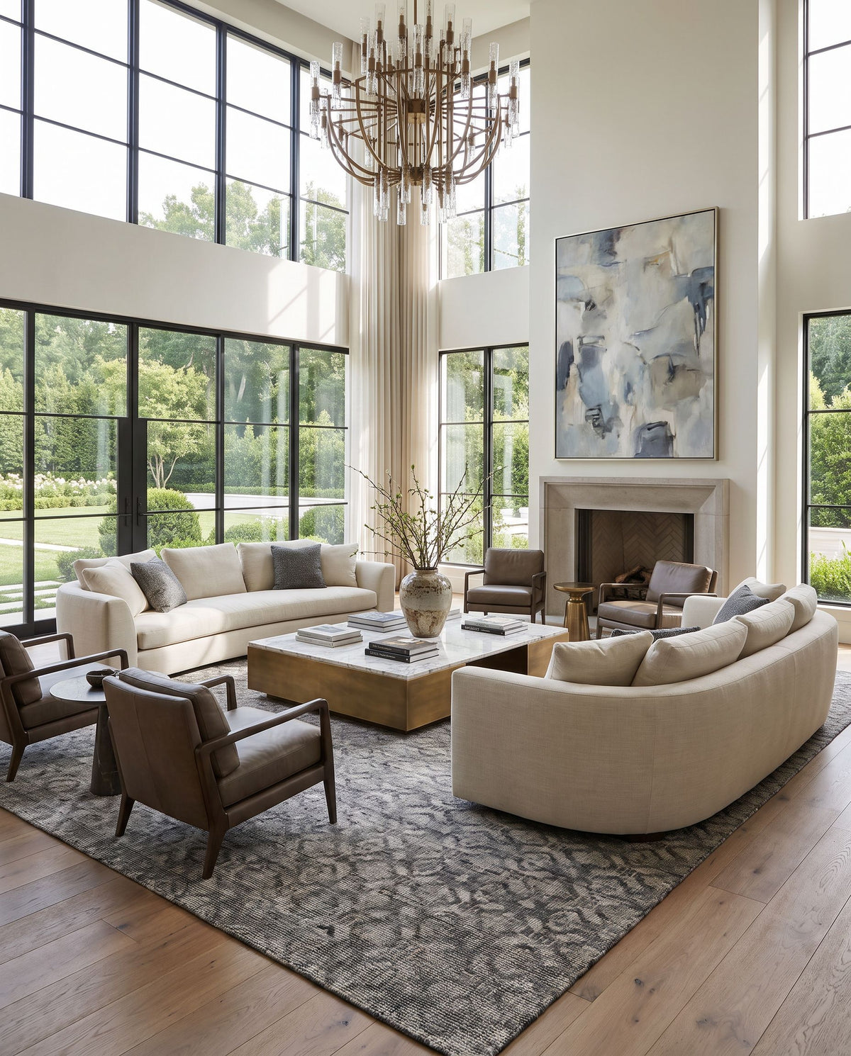 Malaga MAG-2302 Hand Knotted Rug as the centerpiece of a bright luxury living room — a hand knotted modern area rug in ink blue, denim, light sage and light olive tones