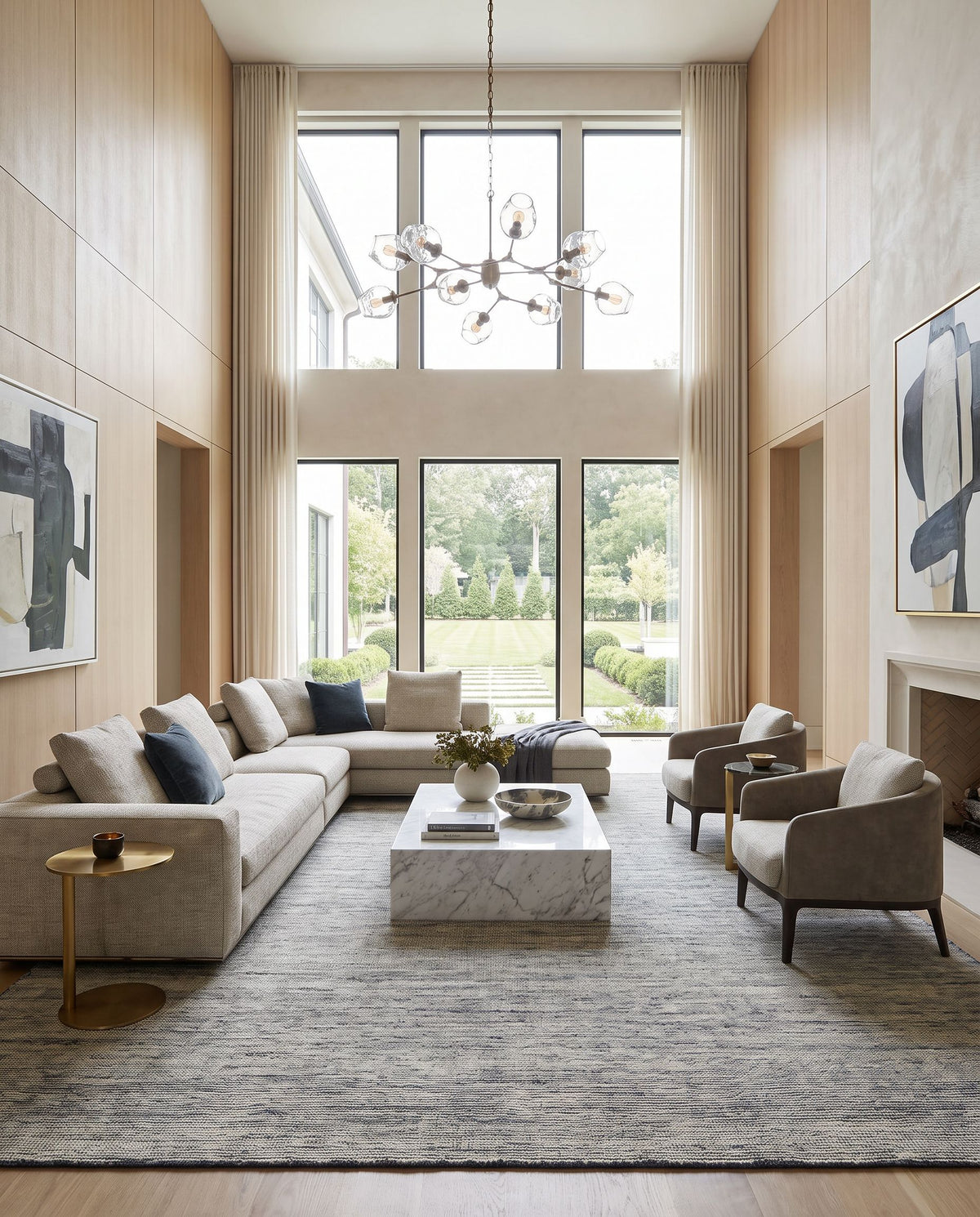 Malaga MAG-2304 Hand Knotted Rug styled in an elegant designer living room — hand knotted modern area rug in ink blue, denim, light sage and light olive tones