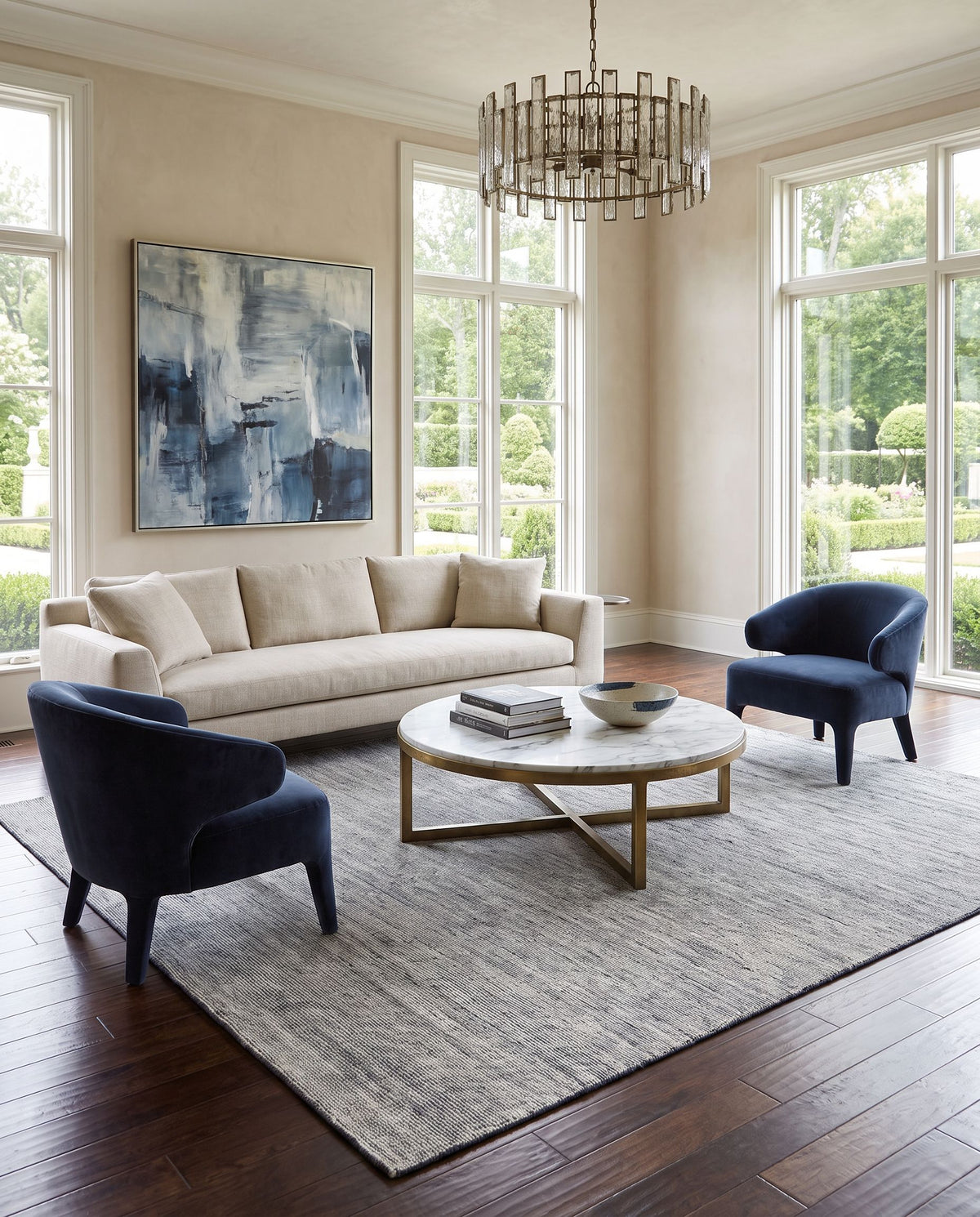 Malaga MAG-2304 Hand Knotted Rug styled in an elegant designer living room — hand knotted modern area rug in ink blue, denim, light sage and light olive tones