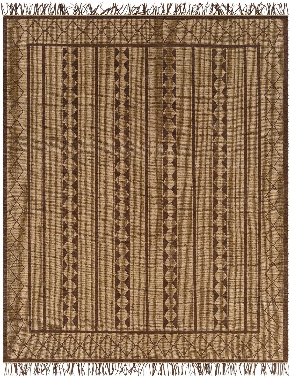 Tan Hand Woven 70% Jute, 30% Leather Global Rectangle Handmade rug, Indoor use only, has fringe, non-washable. runner also available