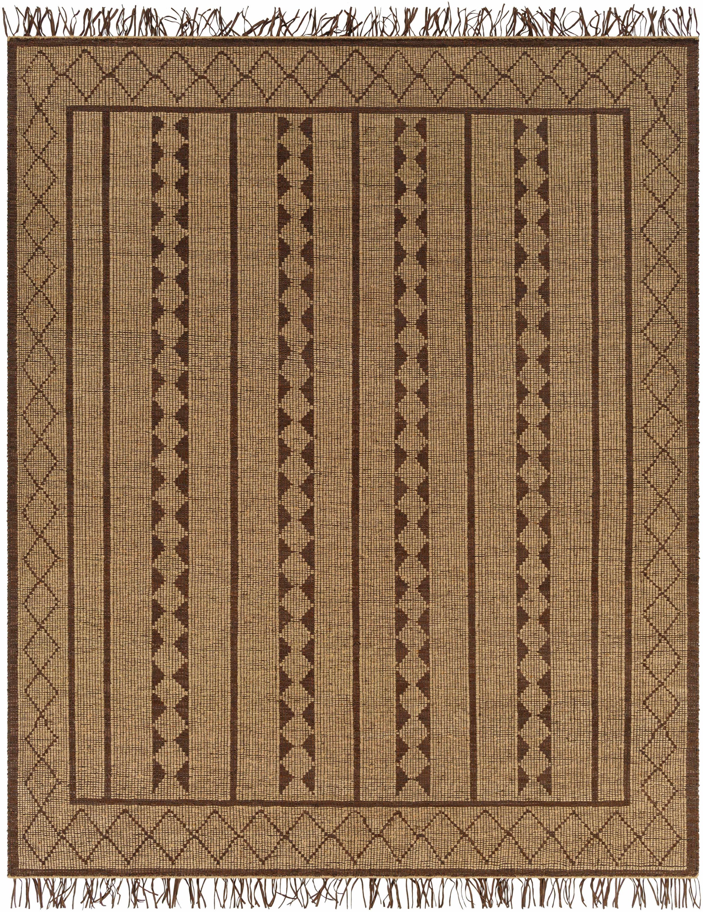 Tan Hand Woven 70% Jute, 30% Leather Global Rectangle Handmade rug, Indoor use only, has fringe, non-washable. runner also available