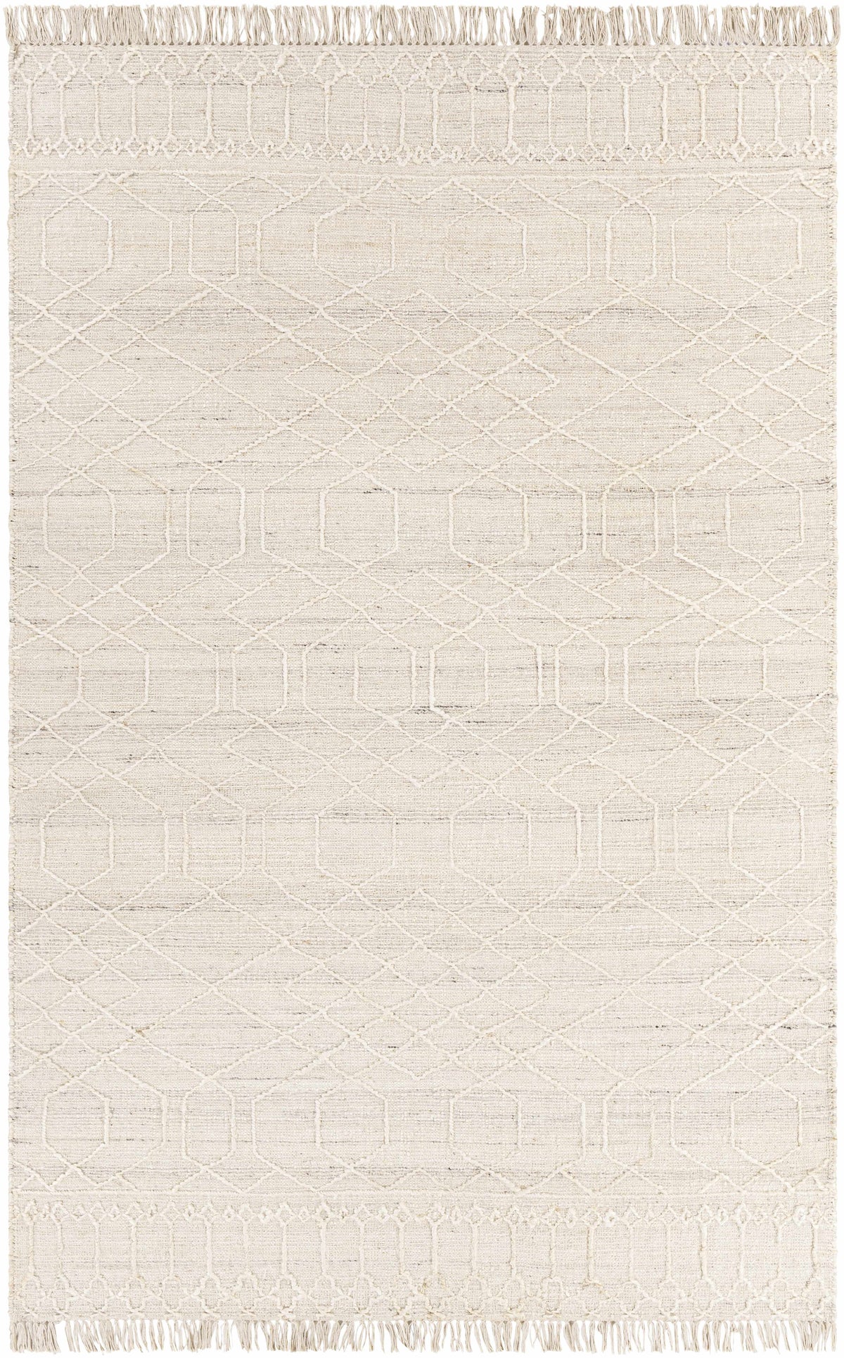 Light Beige Hand Woven 60% Jute, 40% Wool Global Rectangle Handmade rug, Indoor use only, has fringe, non-washable.