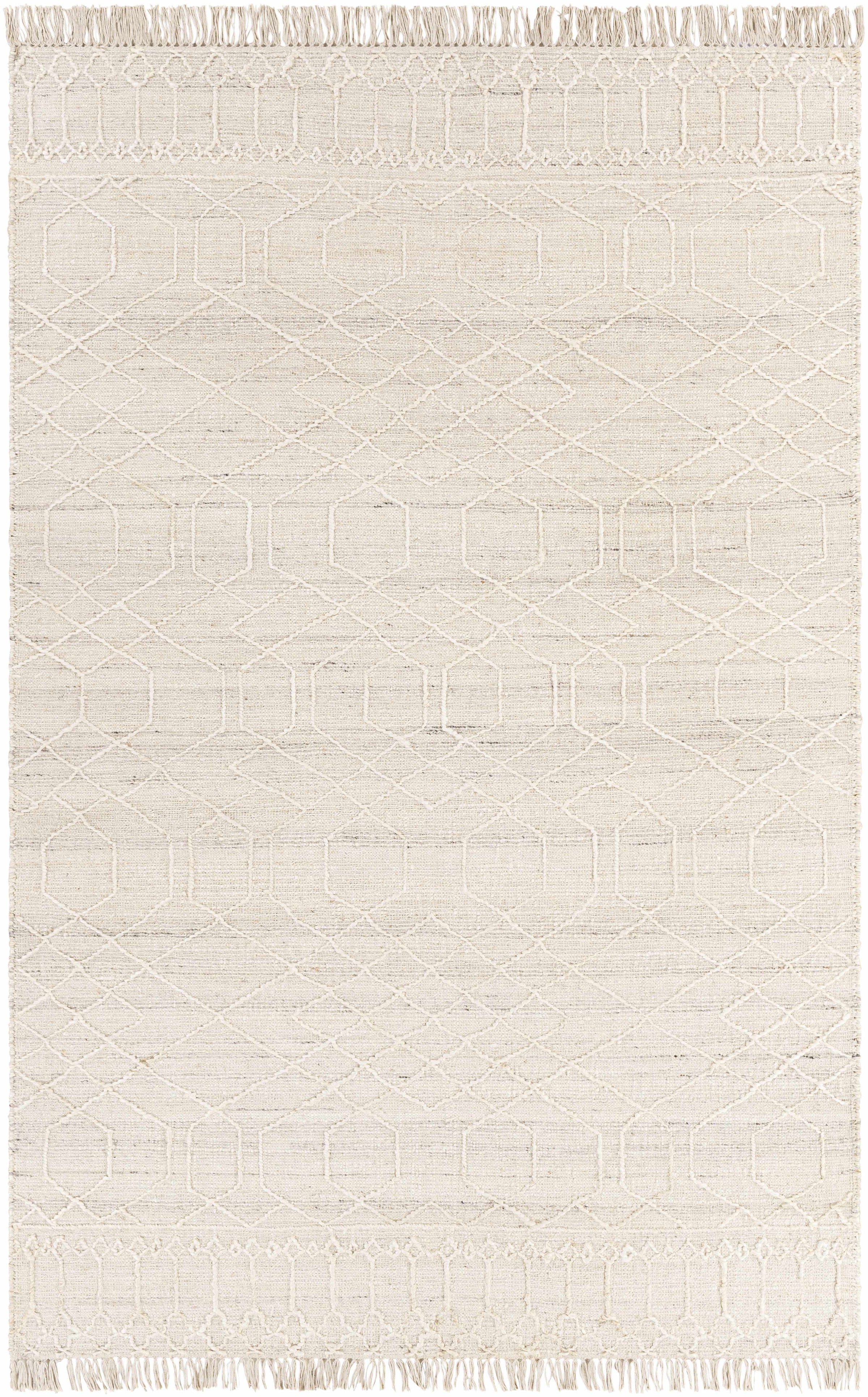 Light Beige Hand Woven 60% Jute, 40% Wool Global Rectangle Handmade rug, Indoor use only, has fringe, non-washable.
