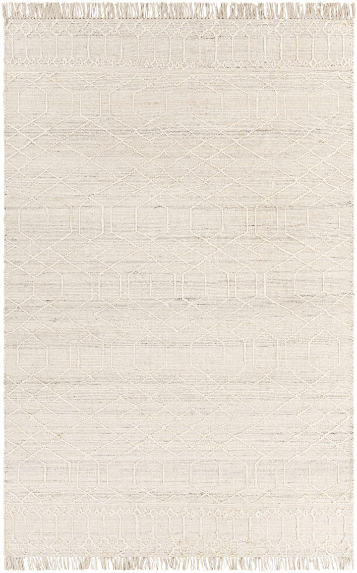 Light Beige Hand Woven 60% Jute, 40% Wool Global Rectangle Handmade rug, Indoor use only, has fringe, non-washable.