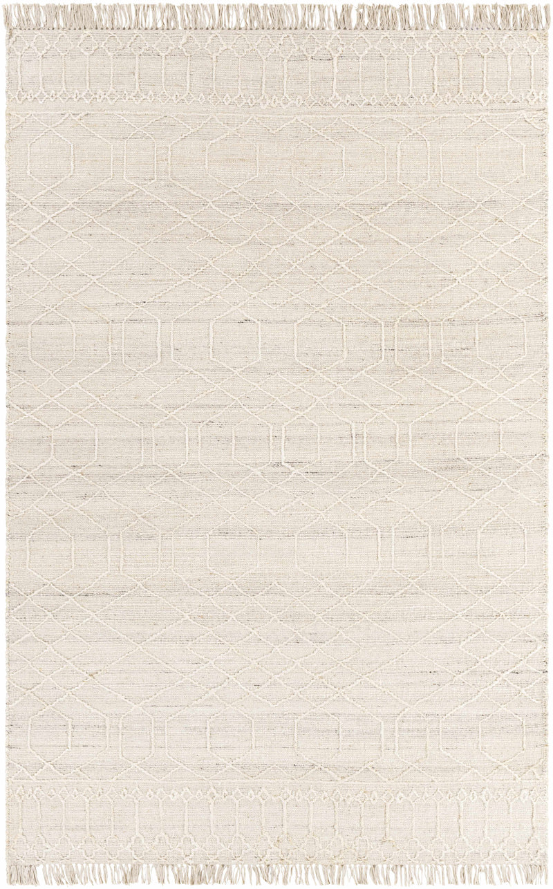 Light Beige Hand Woven 60% Jute, 40% Wool Global Rectangle Handmade rug, Indoor use only, has fringe, non-washable.