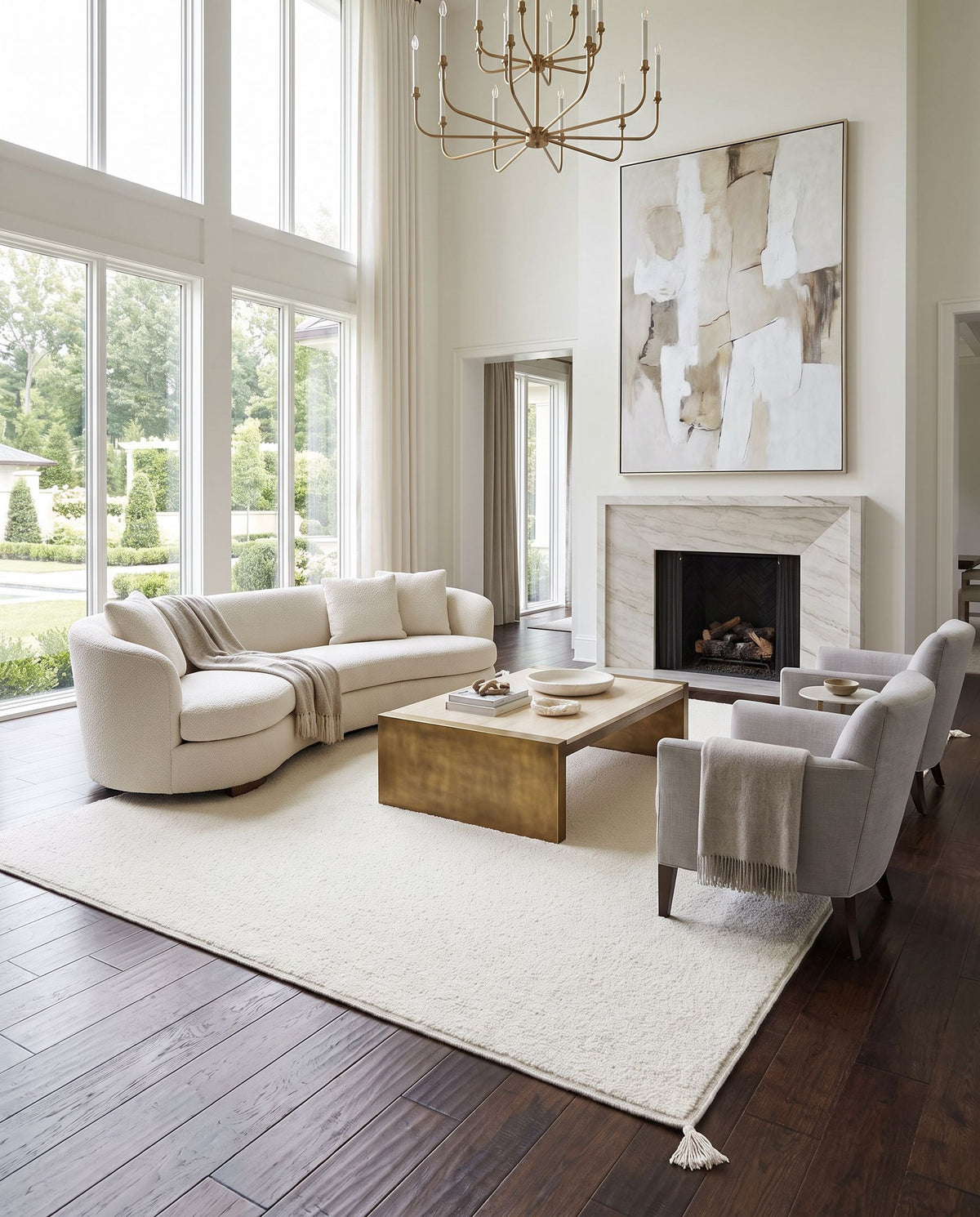 Merino Boucle MBC-2300 Hand Woven Rug as the centerpiece of a bright luxury living room — a hand woven cottage area rug in ivory, cream and off-white tones