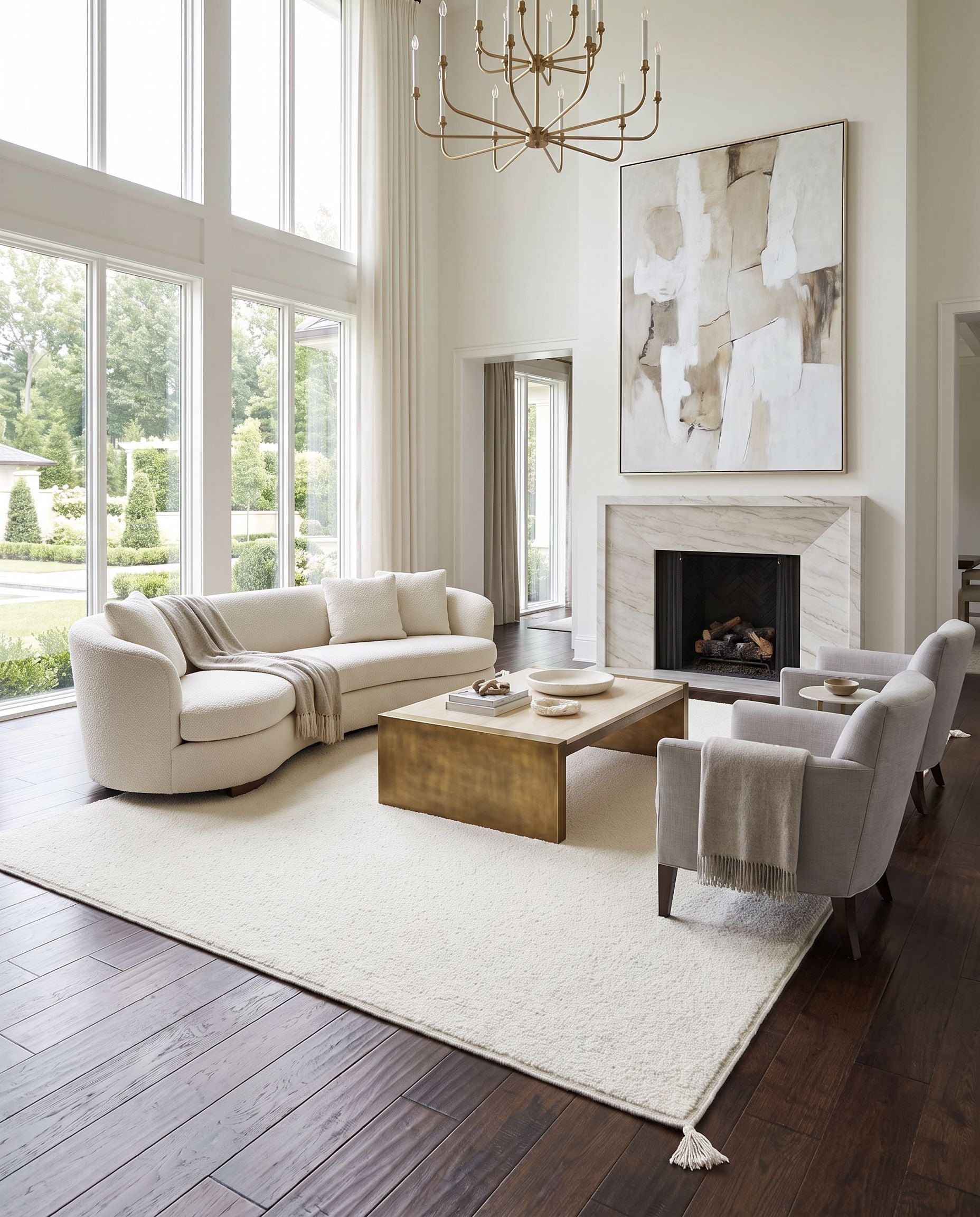 Merino Boucle MBC-2300 Hand Woven Rug as the centerpiece of a bright luxury living room — a hand woven cottage area rug in ivory, cream and off-white tones