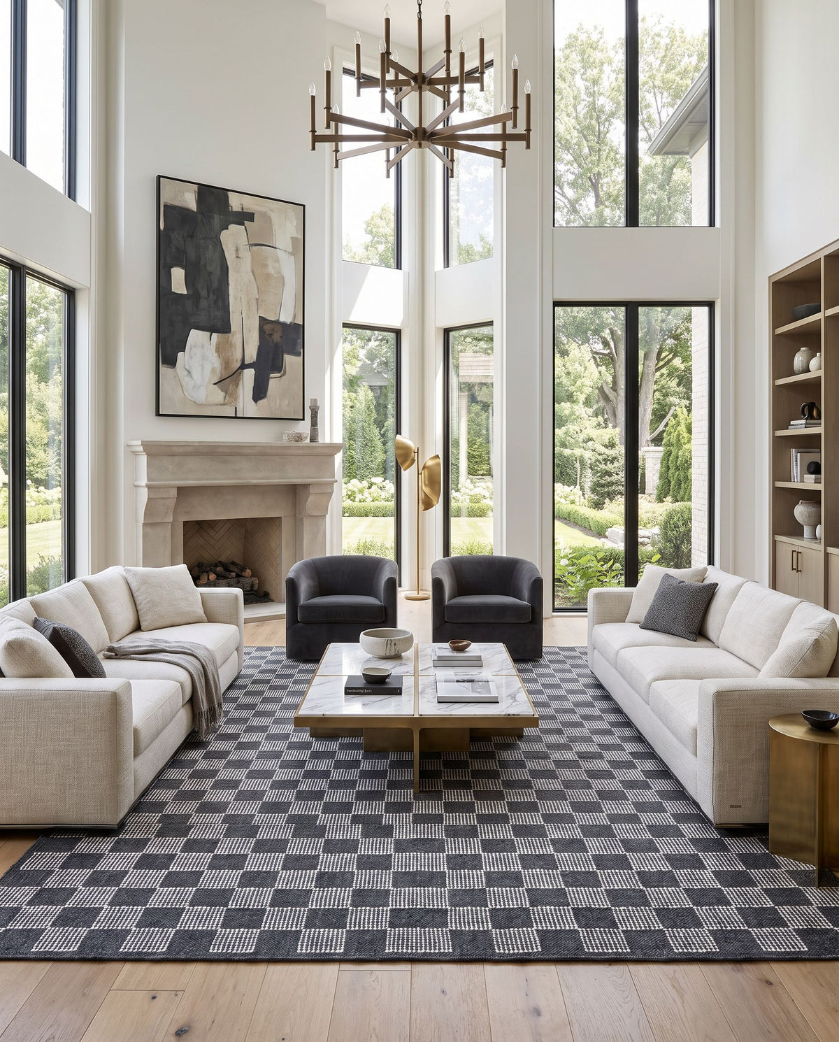 Marcela MCL-2300 Hand Woven Rug as the centerpiece of a bright luxury living room — a hand woven cottage area rug in charcoal and cream tones
