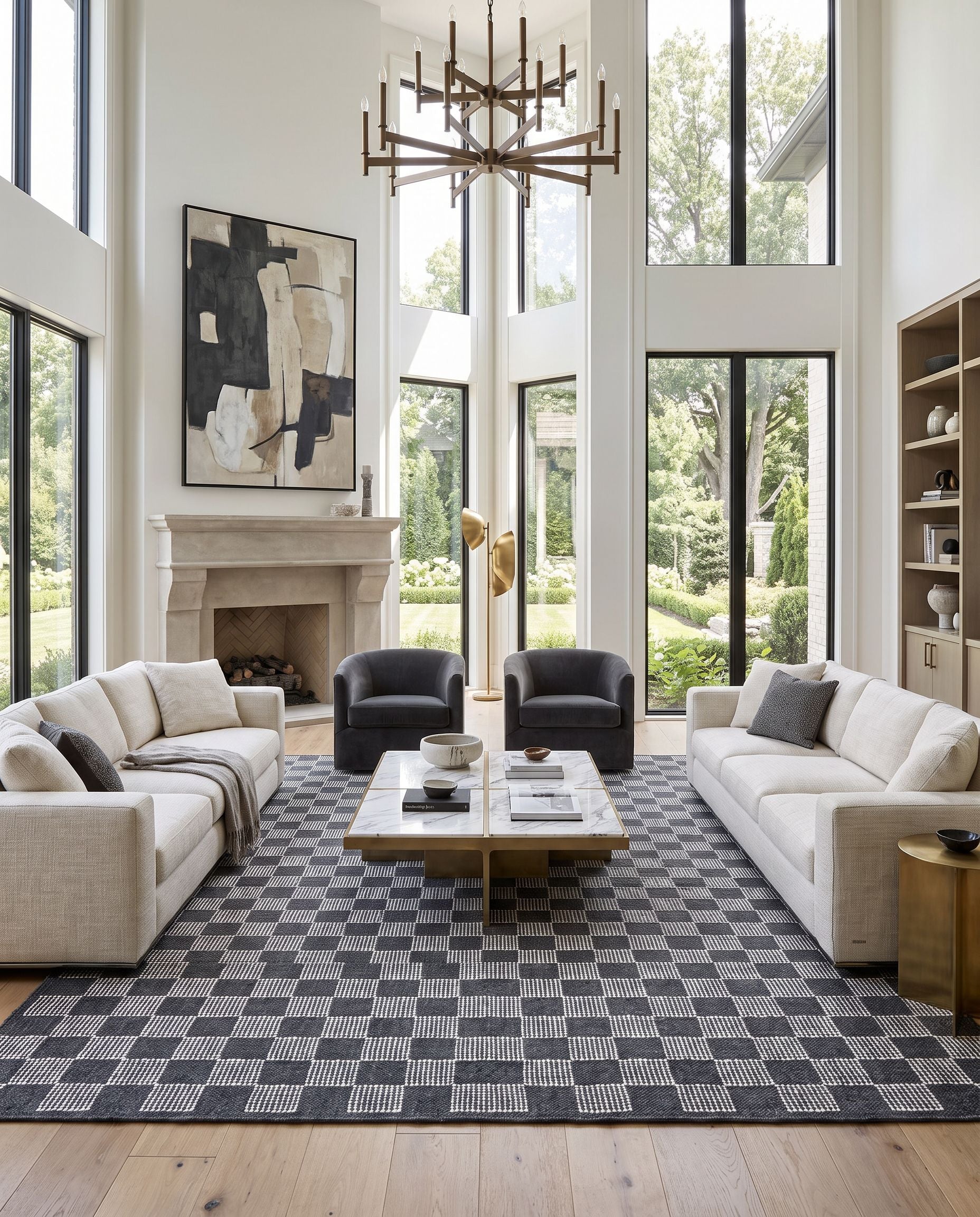 Marcela MCL-2300 Hand Woven Rug as the centerpiece of a bright luxury living room — a hand woven cottage area rug in charcoal and cream tones