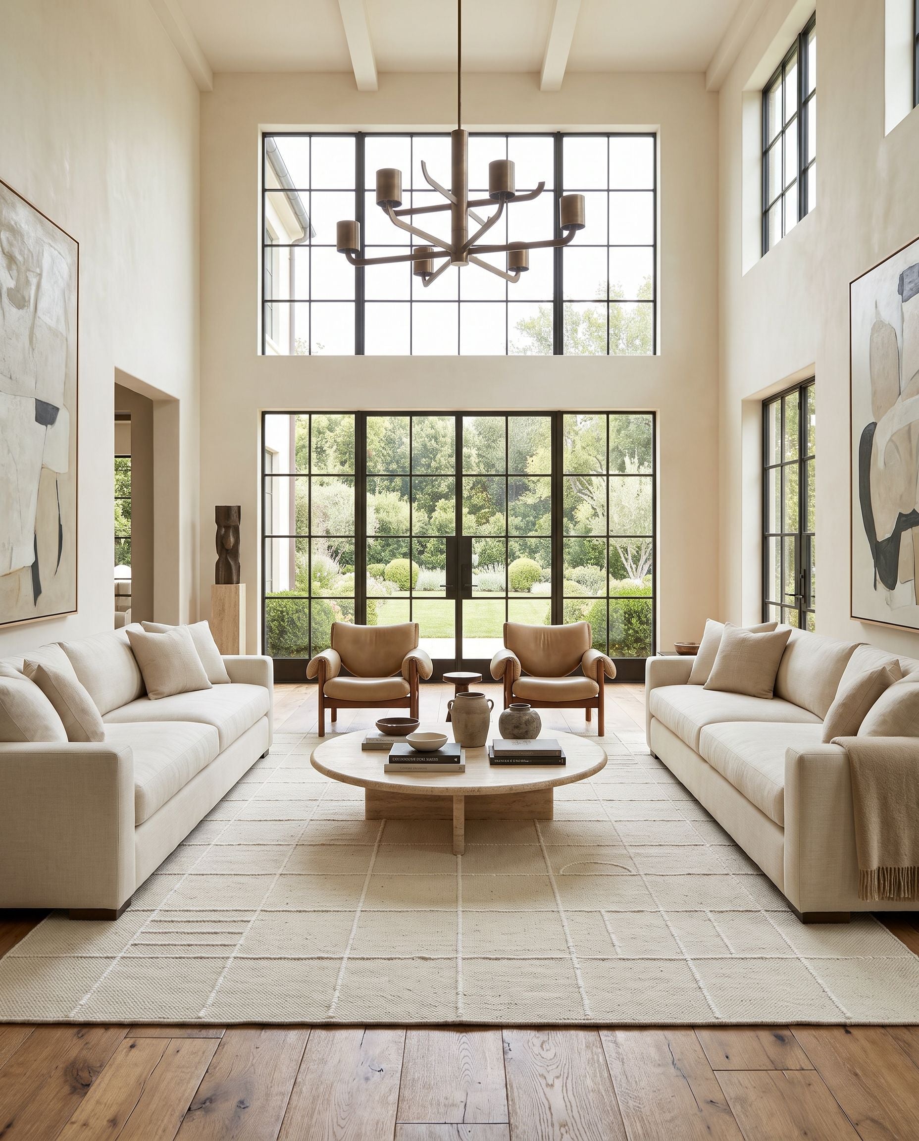 Marcela MCL-2304 Hand Woven Rug as the centerpiece of a bright luxury living room — a hand woven modern area rug in cream and white tones