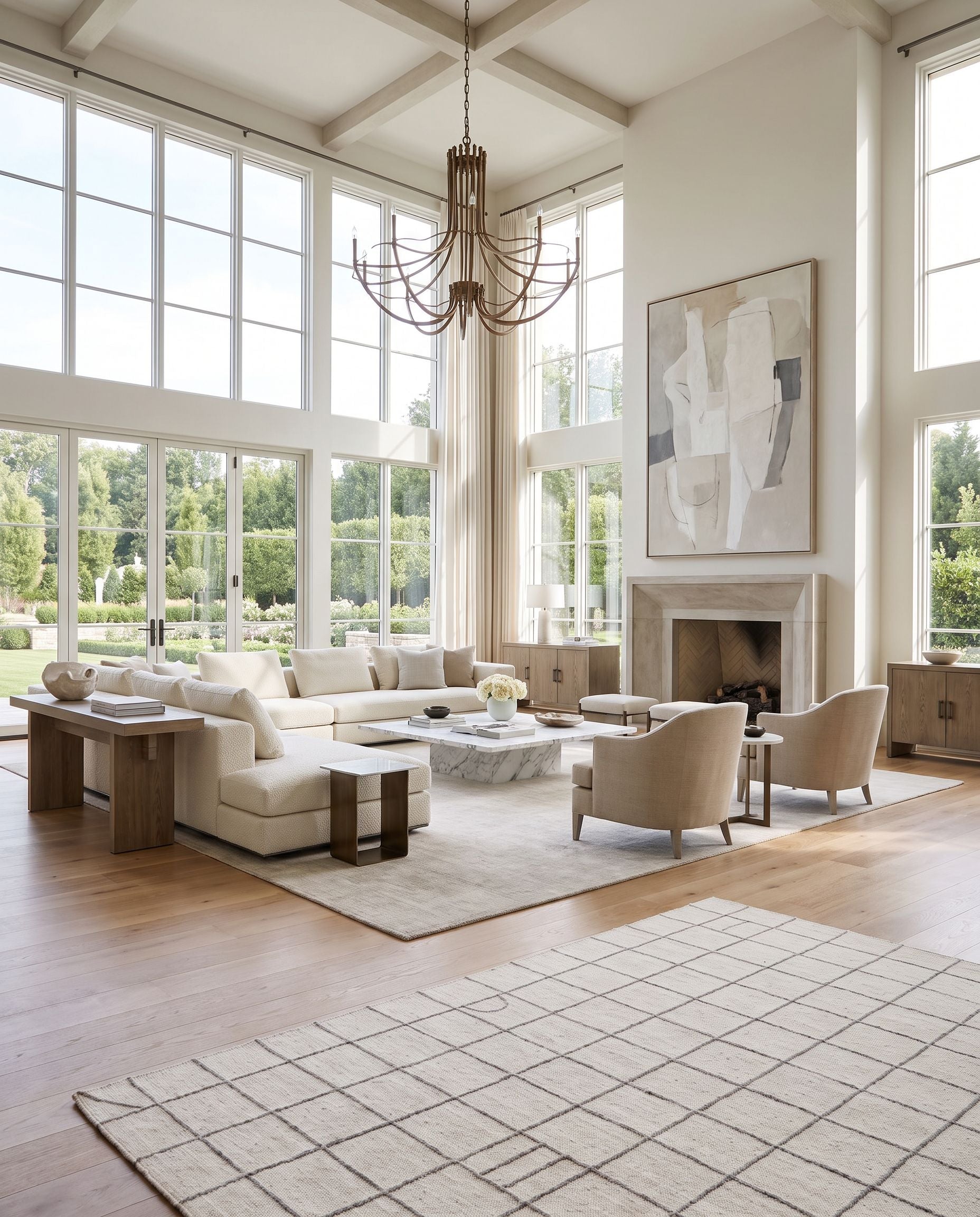 Marcela MCL-2305 Hand Woven Rug as the centerpiece of a bright luxury living room — a hand woven modern area rug in cream and gray tones