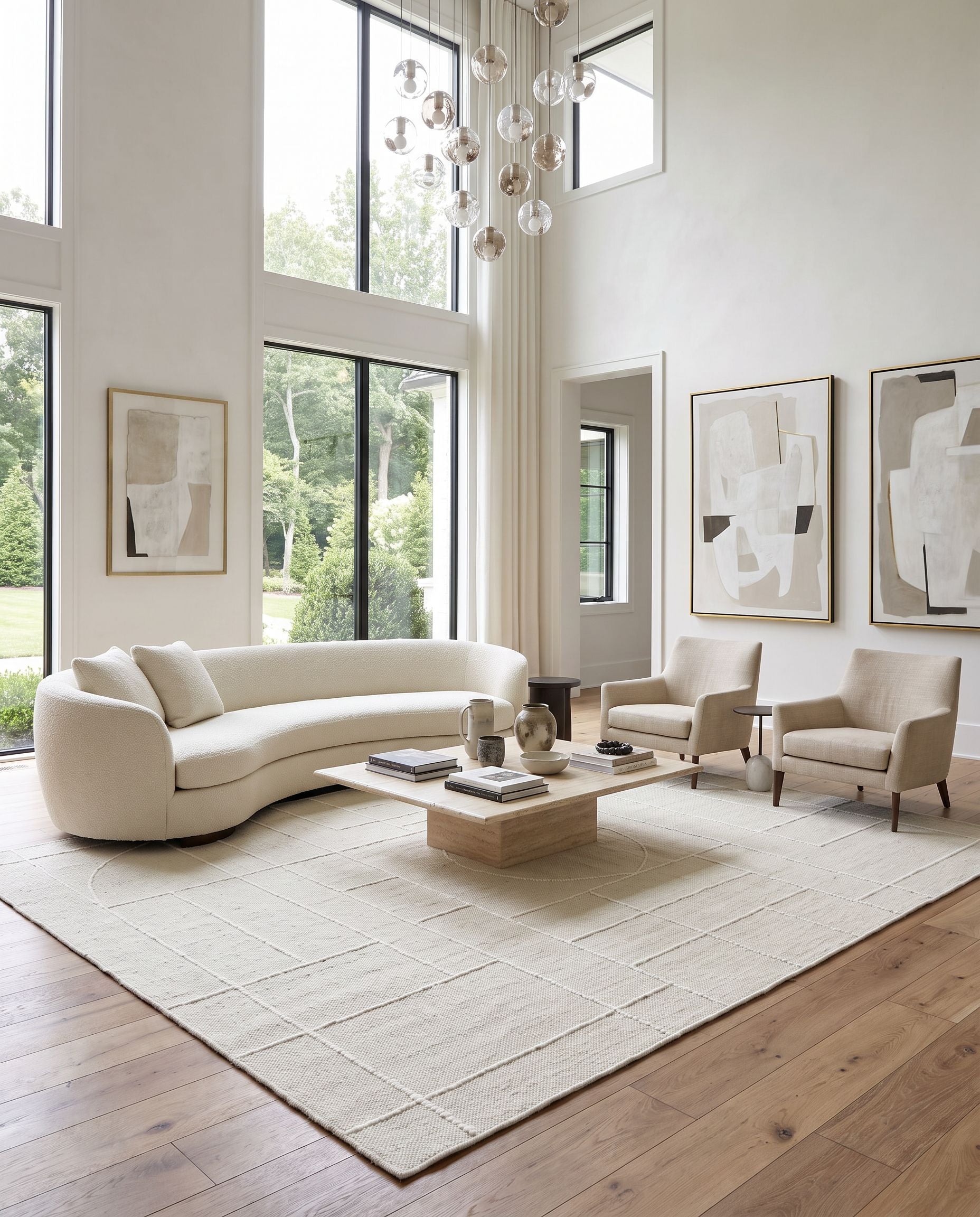 Marcela MCL-2306 Hand Woven Rug as the centerpiece of a bright luxury living room — a hand woven modern area rug in ivory, pearl and soft gray tones