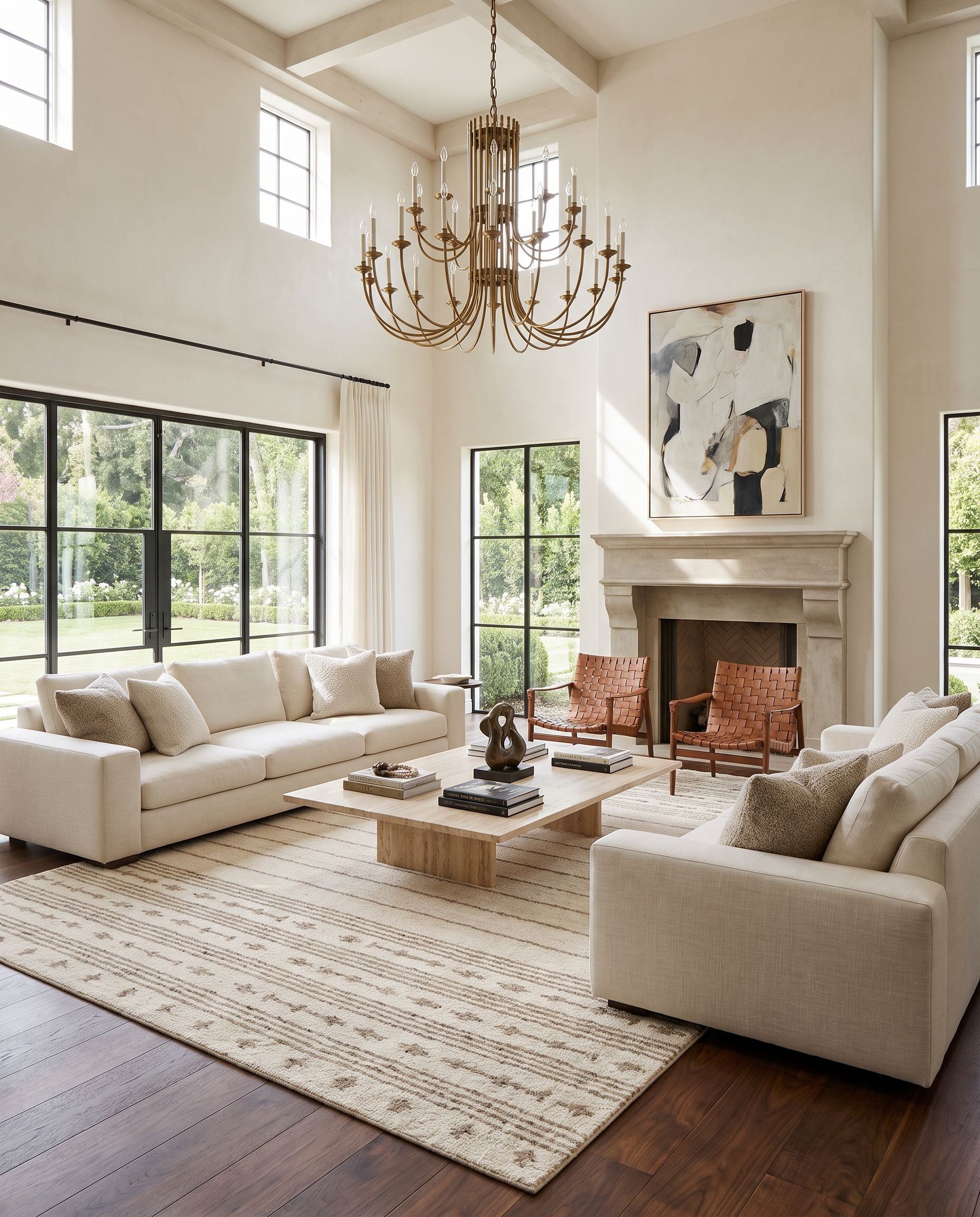 Machu Picchu MCU-1001 Hand Woven Rug as the centerpiece of a bright luxury living room — a hand woven global area rug in cream, ivory, dark brown and charcoal tones