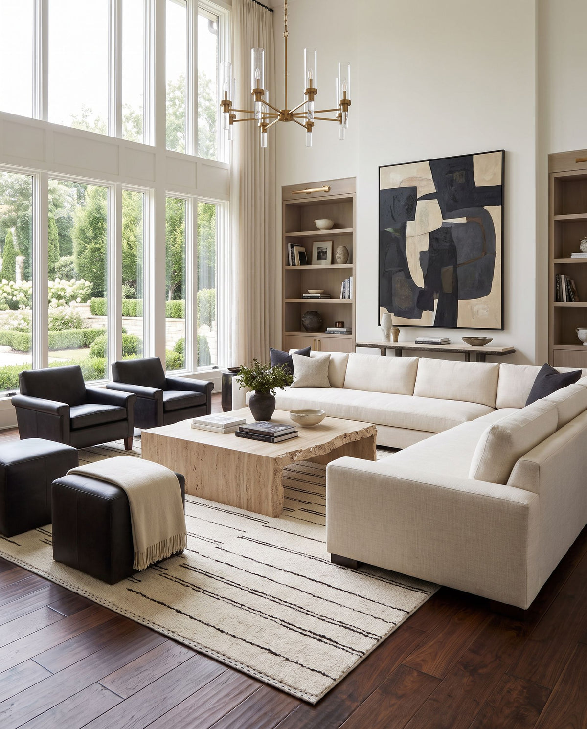 Machu Picchu MCU-1005 Hand Woven Rug as the centerpiece of a bright luxury living room — a hand woven global area rug in cream, dark brown and black tones